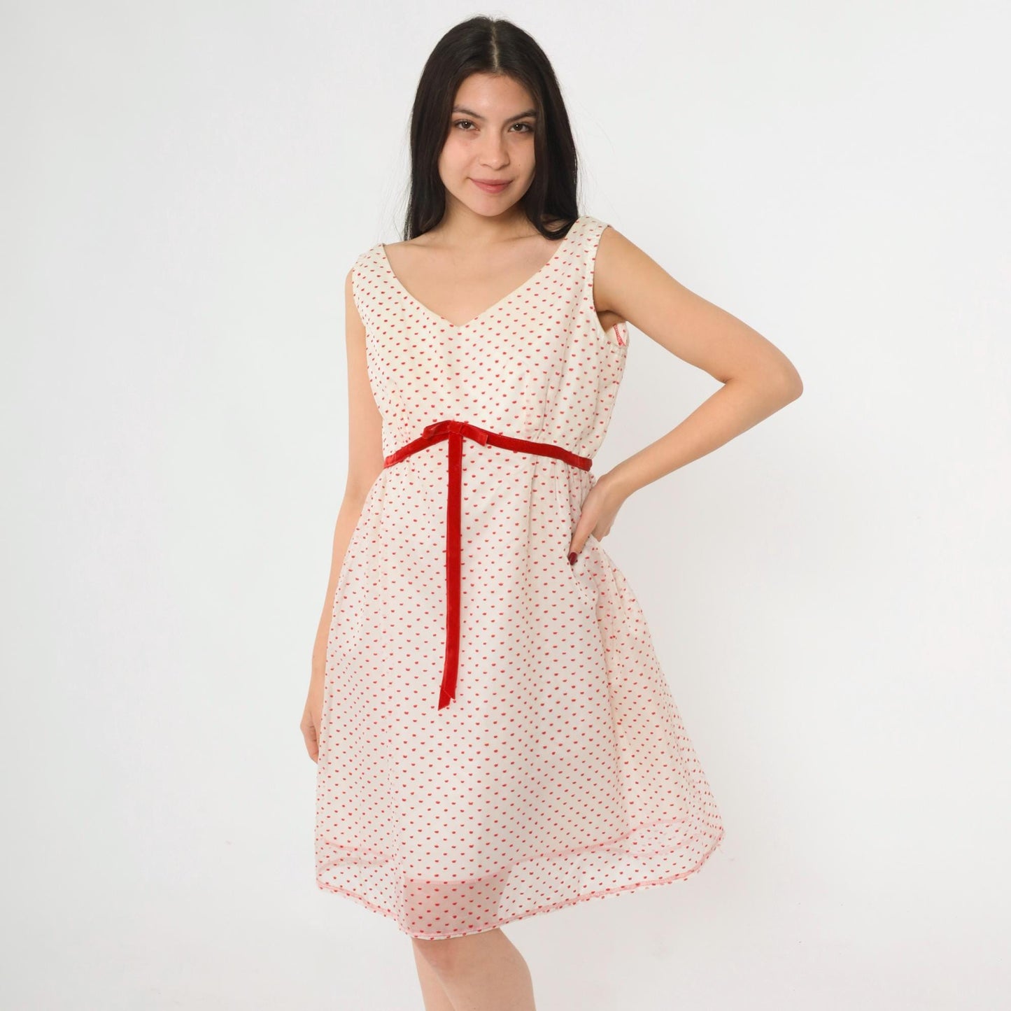 60s White Party Dress Flocked Crown Dot Print Red Velvet Bow Empire Waist Mini Medium
