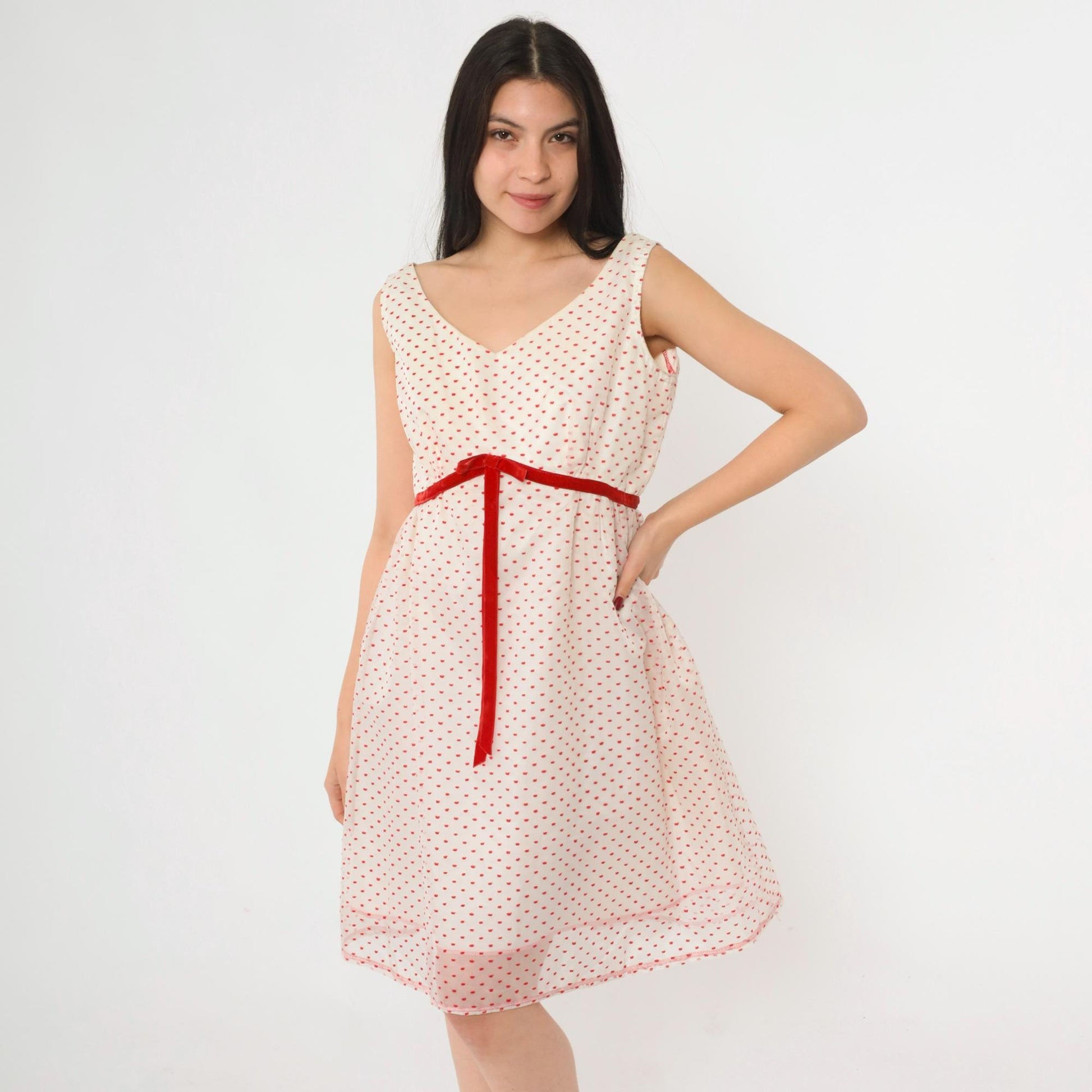60s White Party Dress Flocked Crown Dot Print Red Velvet Bow Empire Waist Mini Medium