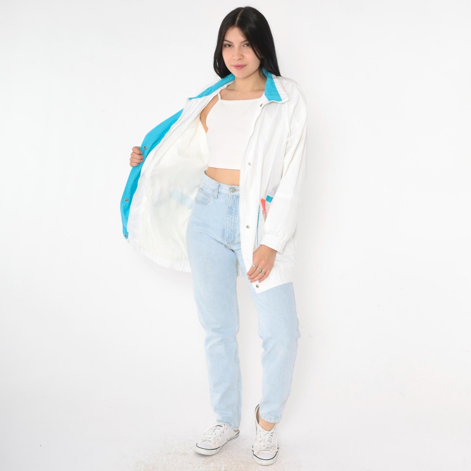 80s White Windbreaker Jacket Snap Zip Blue Coral Trim Small S