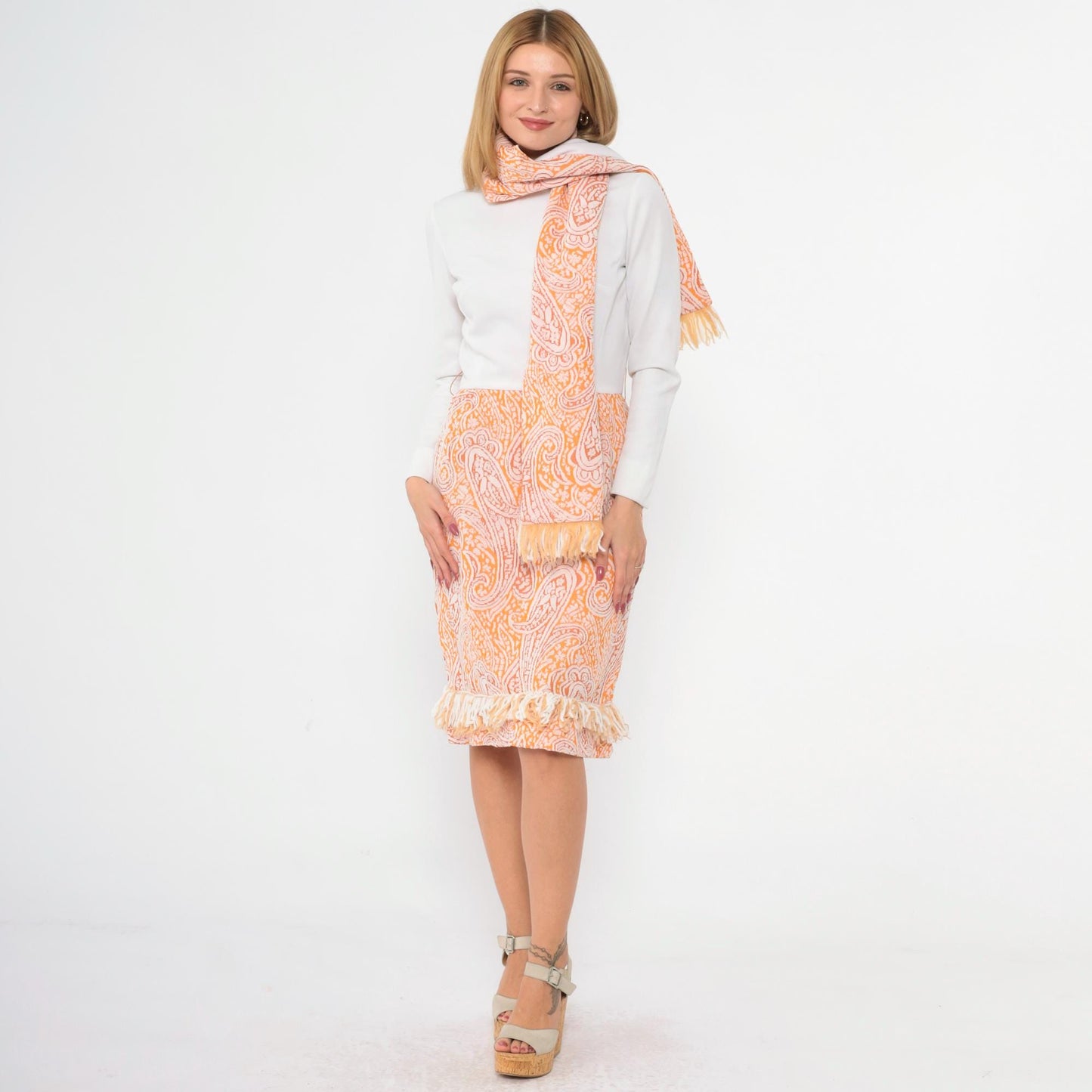 60s Paisley Dress with Matching Fringe Scarf Mock Neck Orange White Extra Small