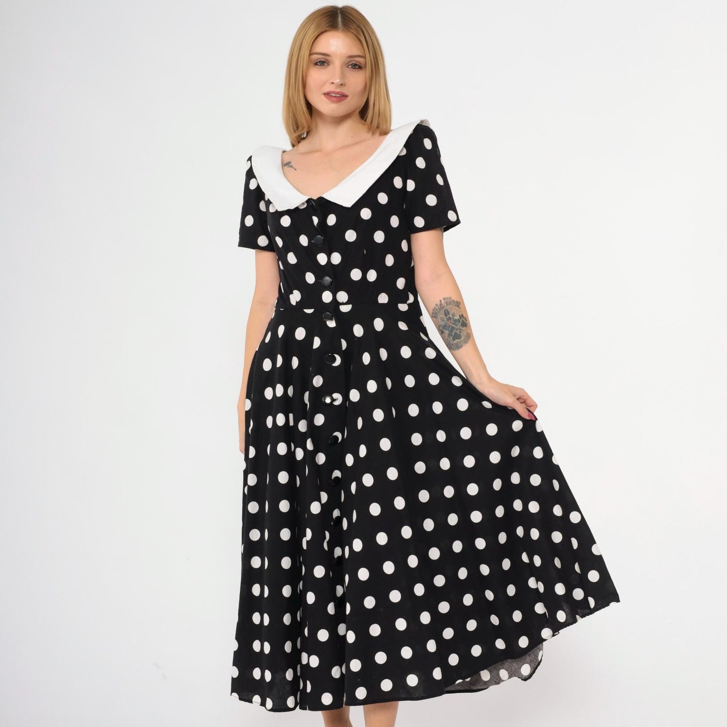 80s Black White Polka Dot Midi Shirtdress High Waist Button Up Cotton Medium