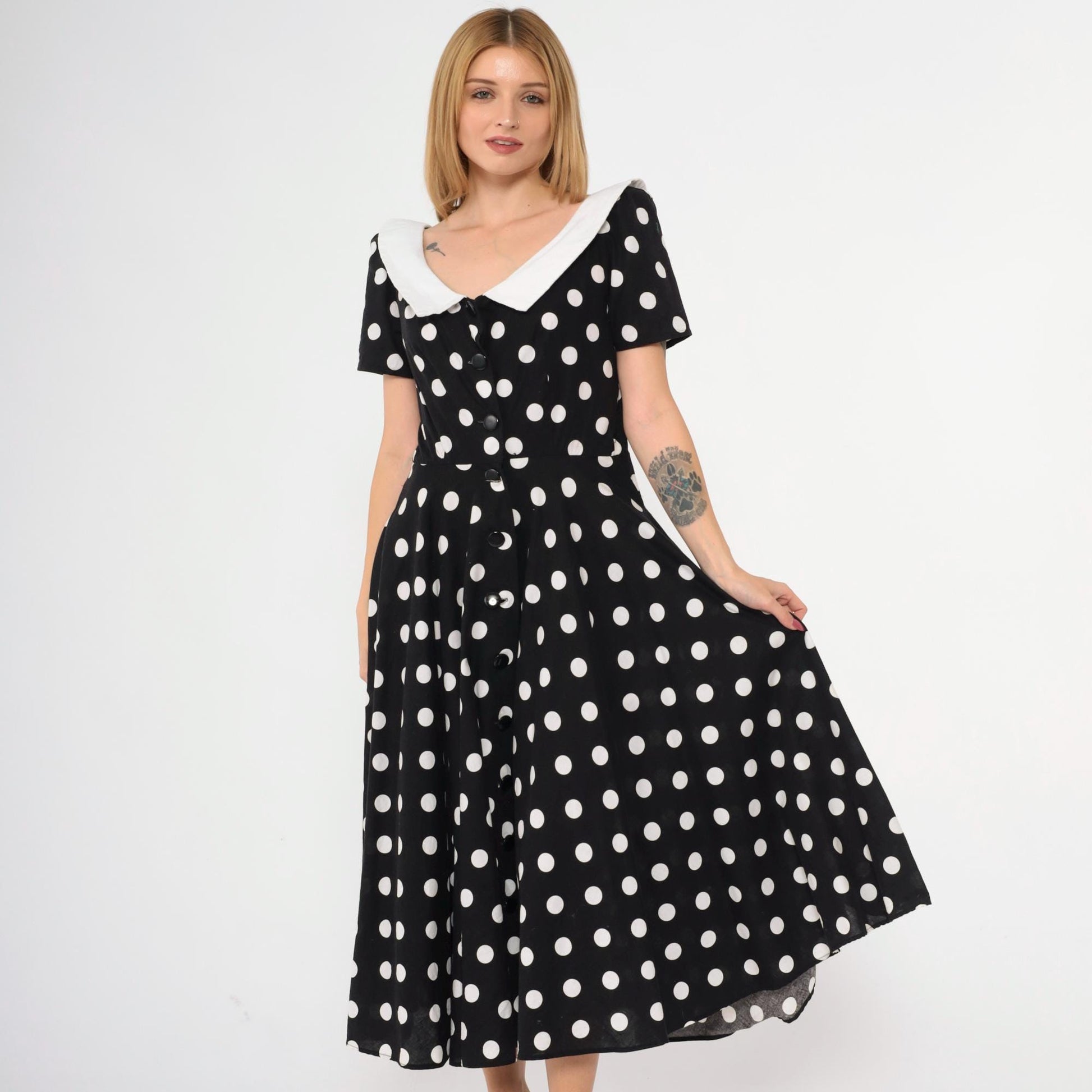 80s Black White Polka Dot Midi Shirtdress High Waist Button Up Cotton Medium