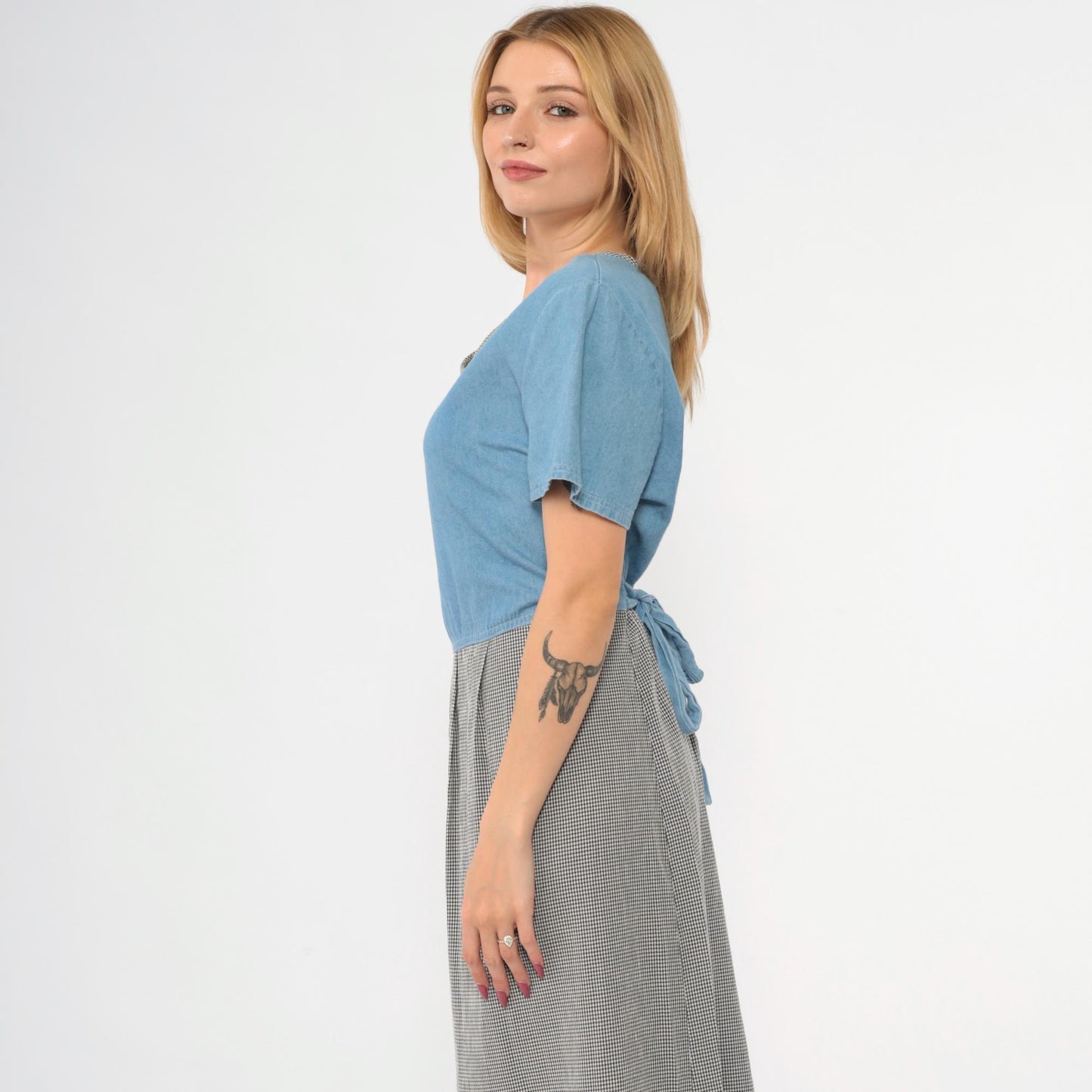 90s Blue Denim Checkered Maxi Dress Scoop Neck Short Sleeve Large 14