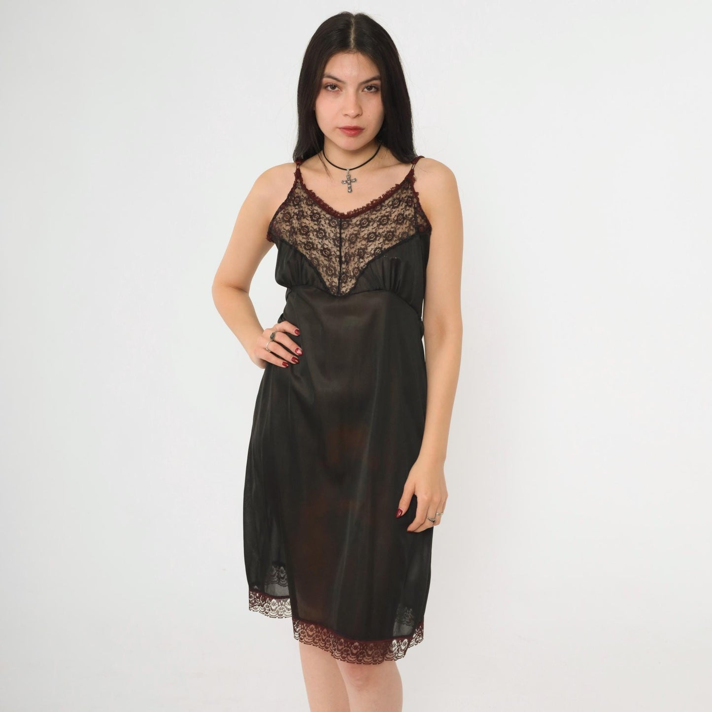 1960s Black Lace Slip Dress Empire Waist Spaghetti Strap Sheer Medium