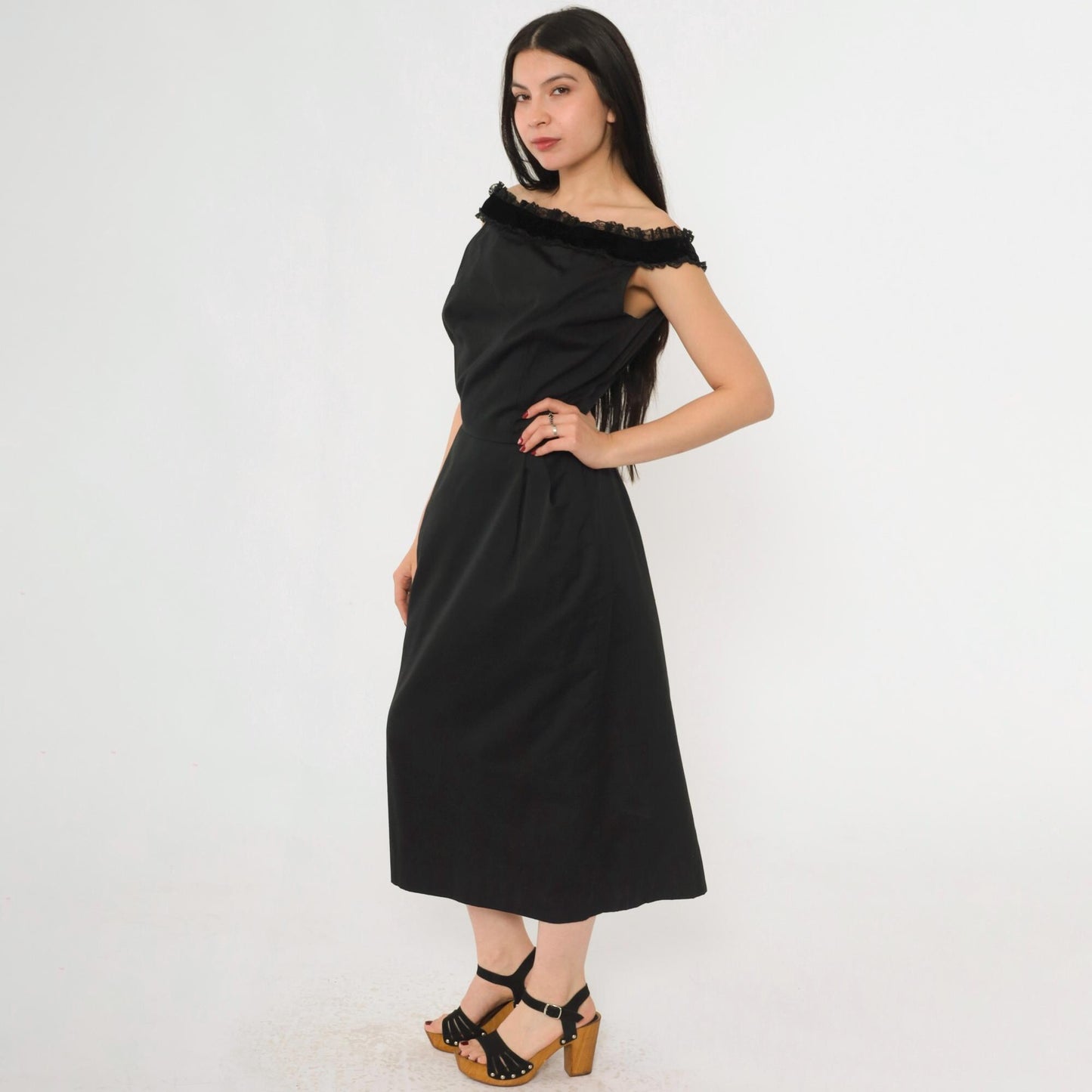 1960s Maggi Stover Black Cocktail Dress Off-Shoulder Velvet Lace Midi Small 4