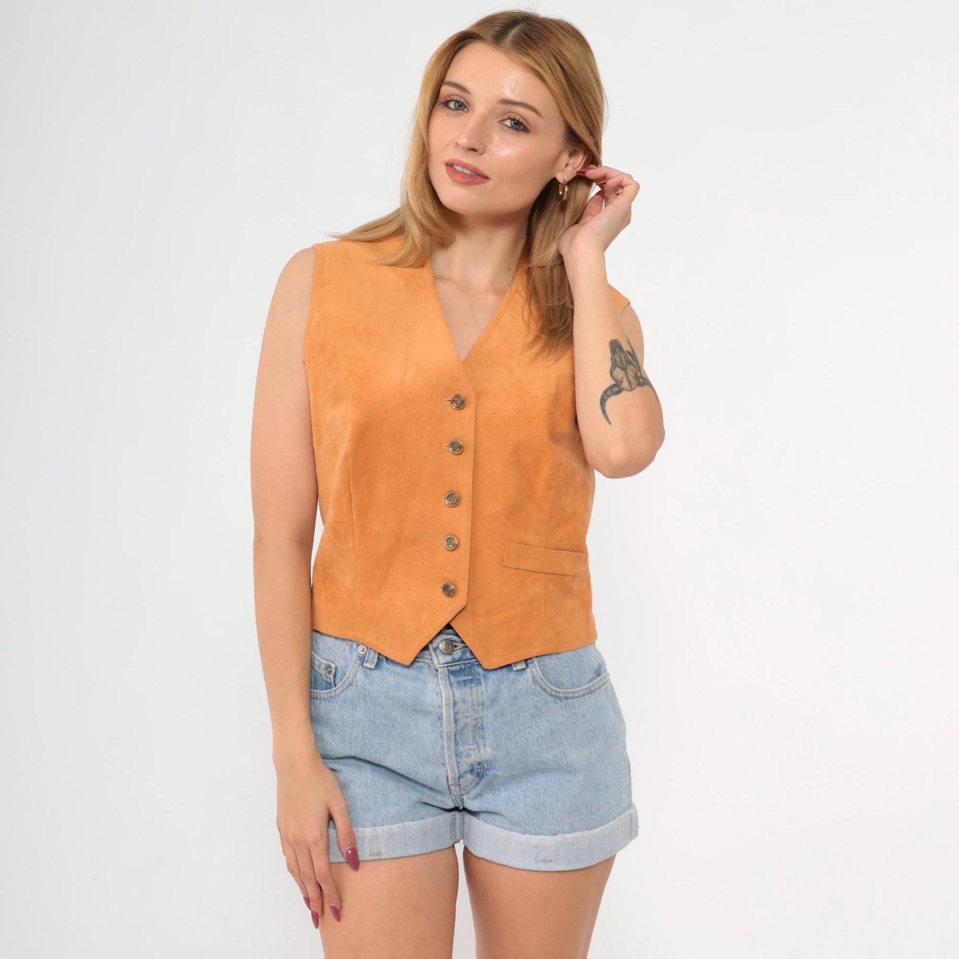 80s Orange Faux Suede Vest Button-Up Tailored Sleeveless Small
