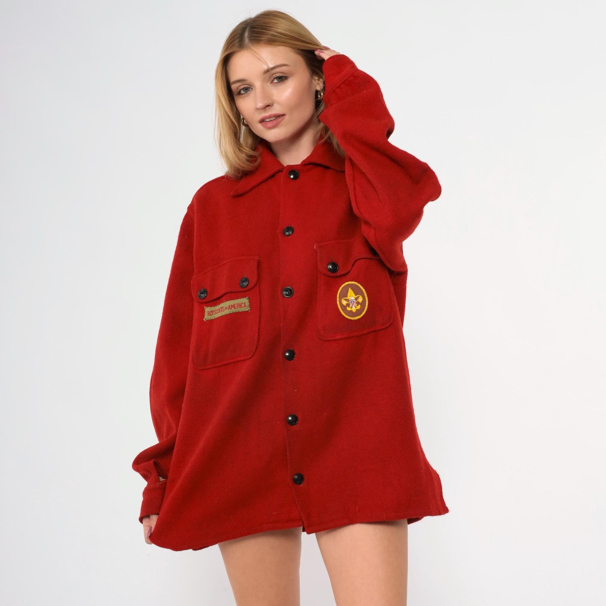 70s Boy Scouts of America Red Wool Button-Up Shirt Fleur De Lis Patch Large L
