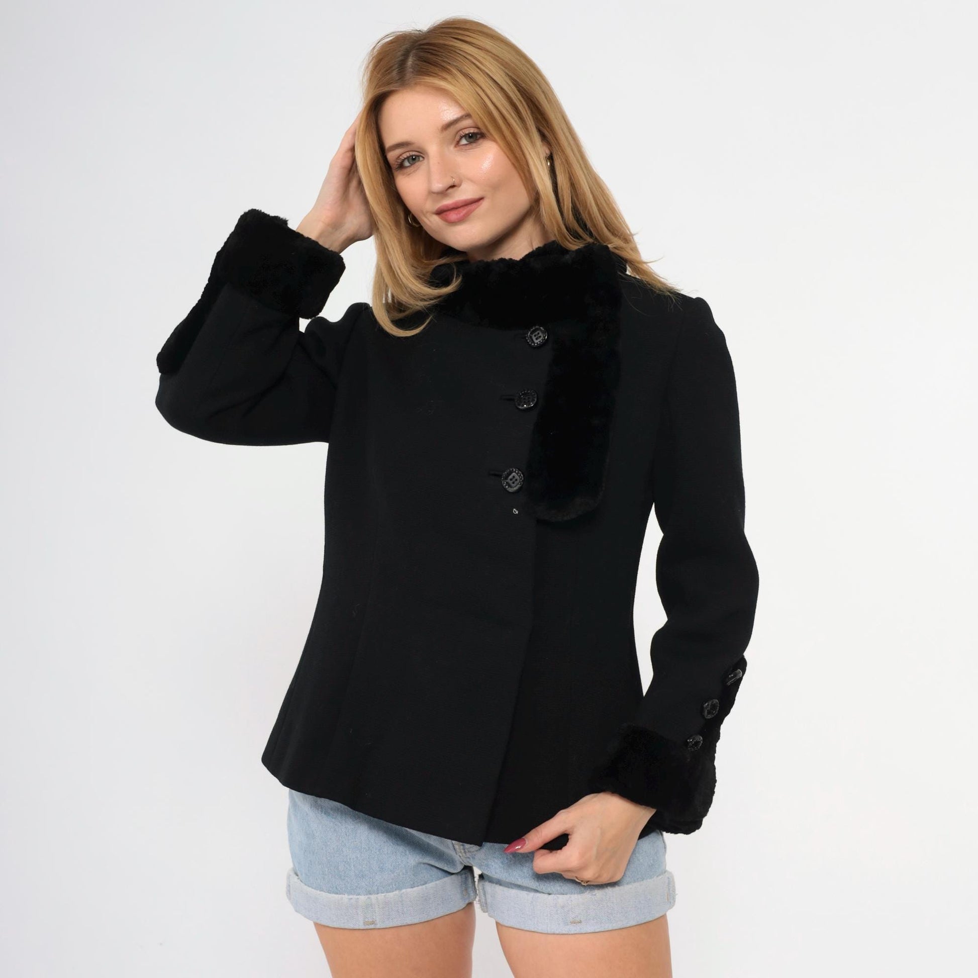 60s Black Faux Fur Trim Jacket Asymmetrical Button Mod Coat Extra Small