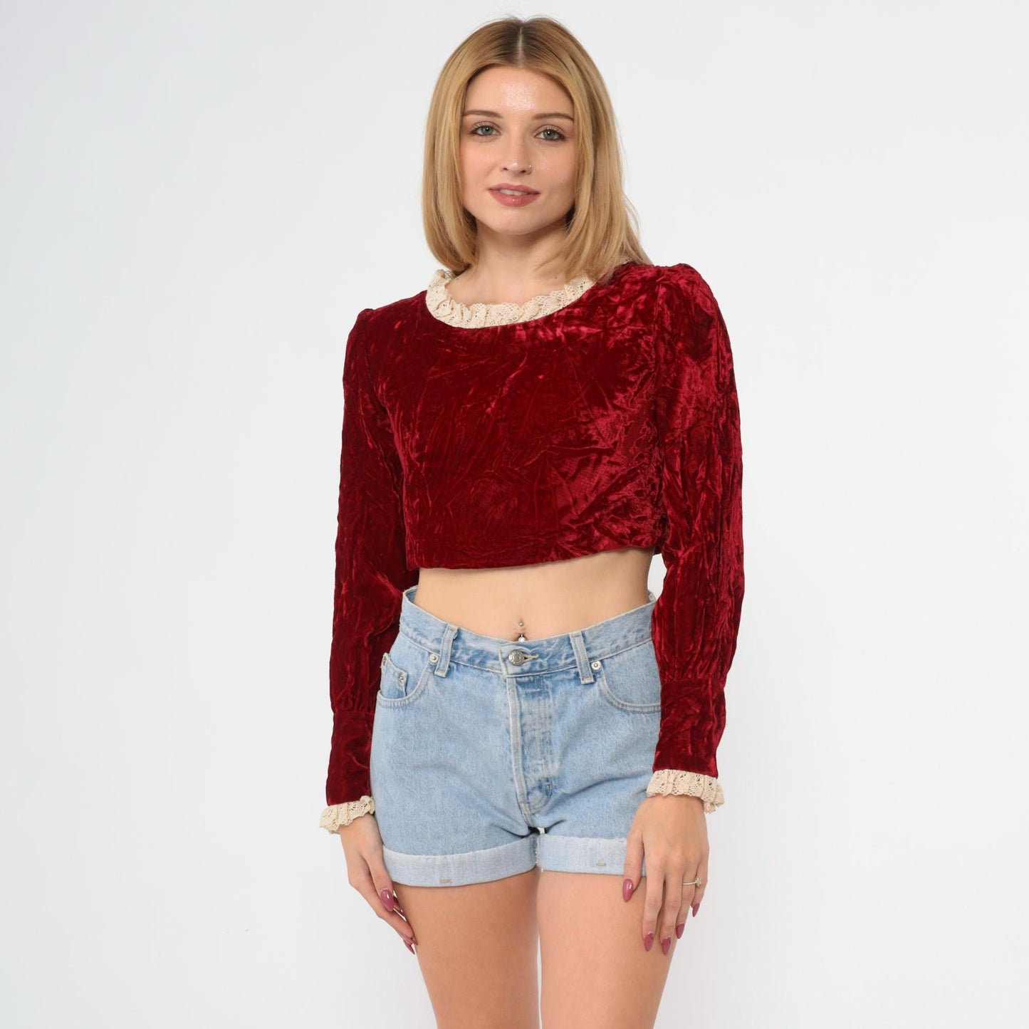 60s Red Velvet Crop Top Lace Trim Puff Sleeve Blouse Extra Small