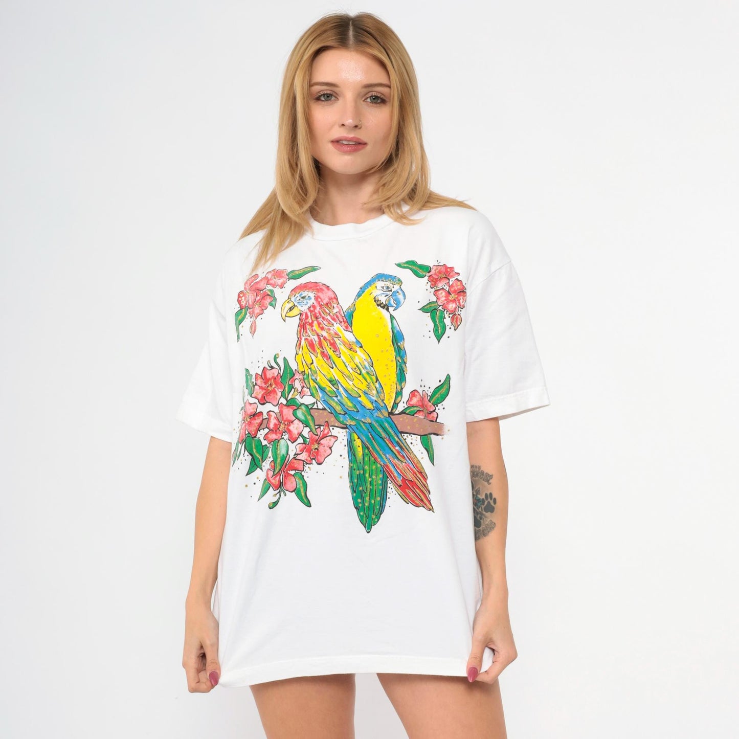 90s Parrot Tropical Graphic T-Shirt White Gold Glitter Bird Print Medium Large