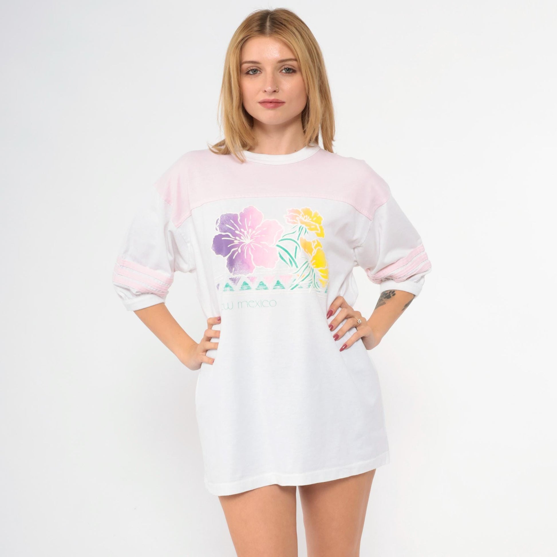 80s New Mexico Floral Ringer T-Shirt Baby Pink White Striped Graphic Tee Extra Large