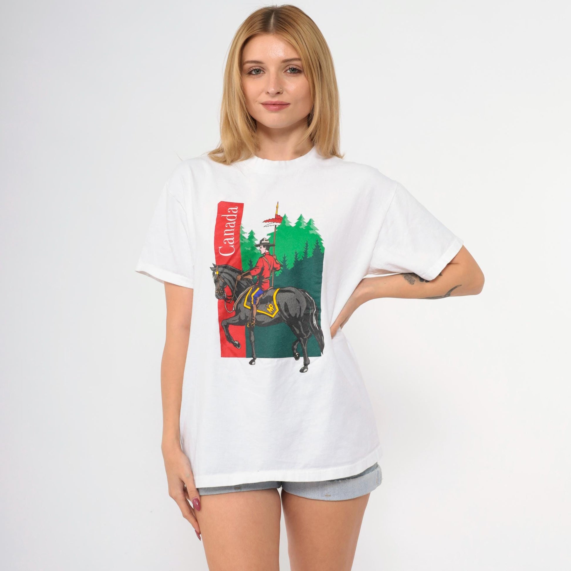 90s RCMP Country Canada Mountie Graphic T-Shirt White Cotton Medium M