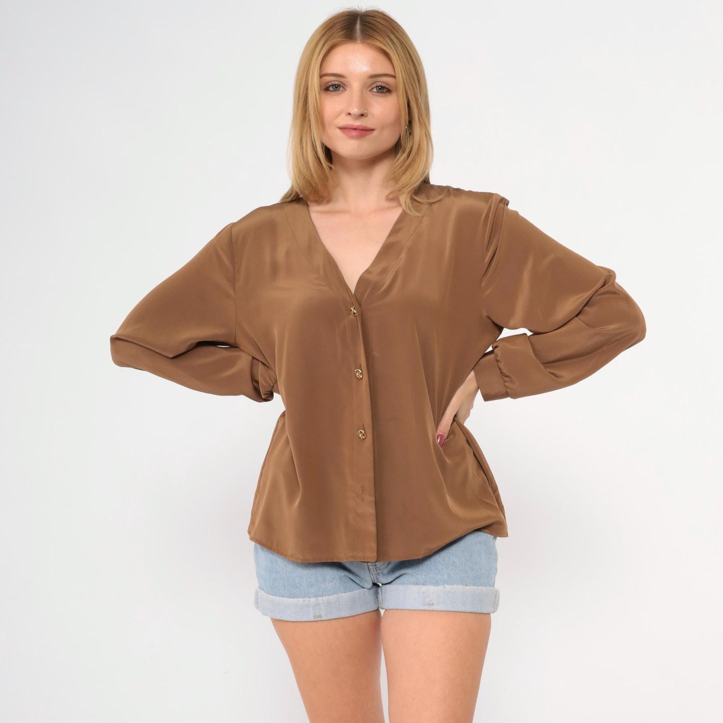 80s Brown Polyester Button-Up Blouse V-Neck Long Sleeve Gold Buttons Medium M