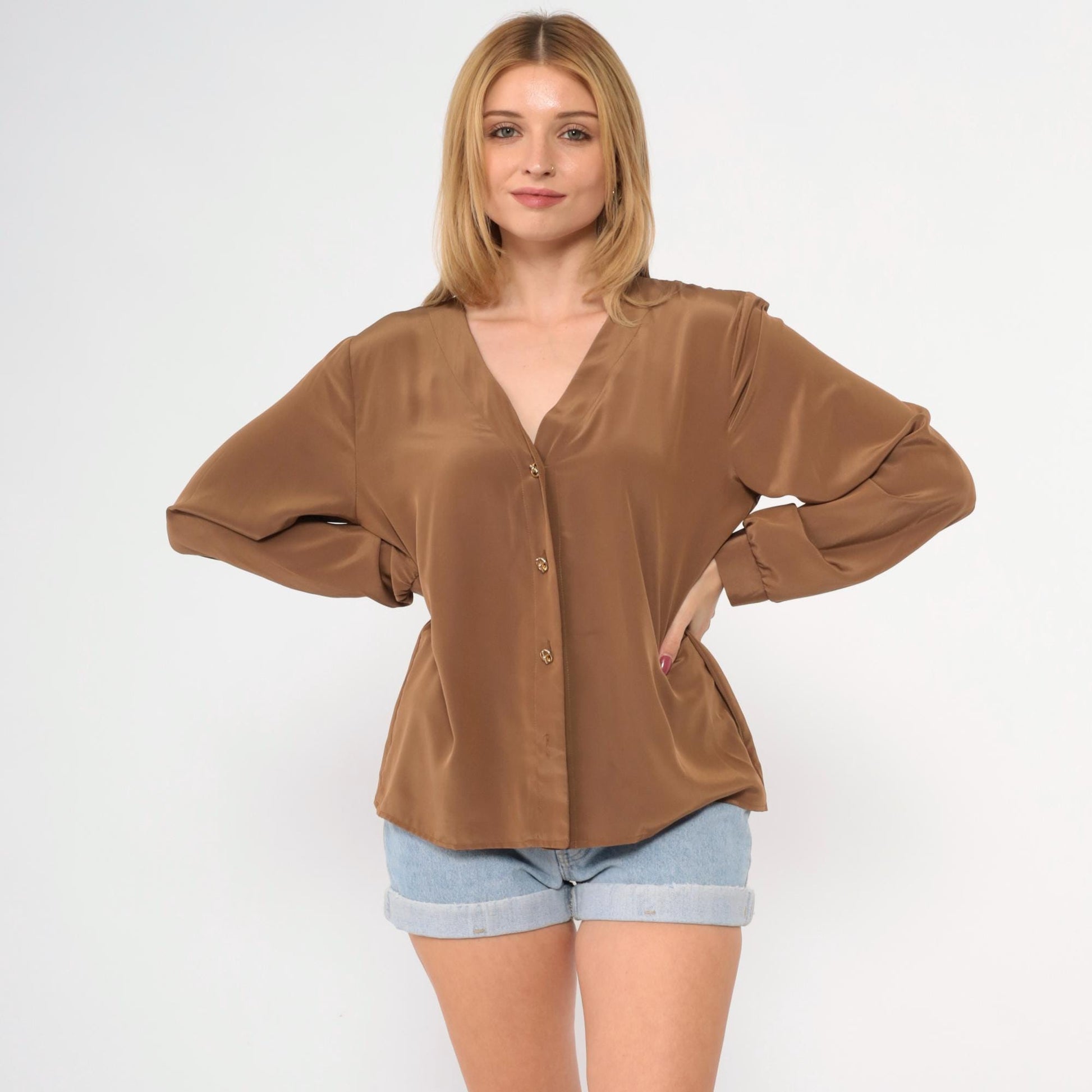 80s Brown Polyester Button-Up Blouse V-Neck Long Sleeve Gold Buttons Medium M