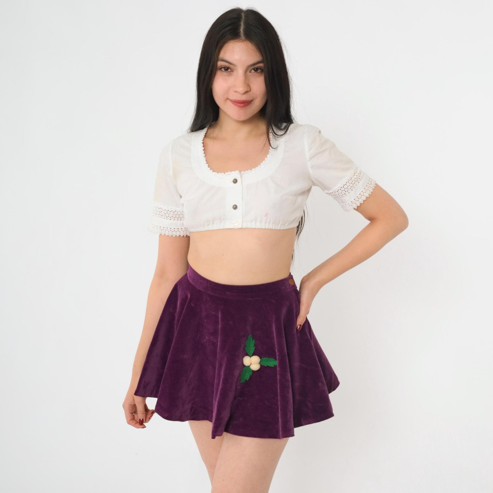 60s Purple Velvet Circle Mini Skirt Appliqué Berries Leaves 2XS
