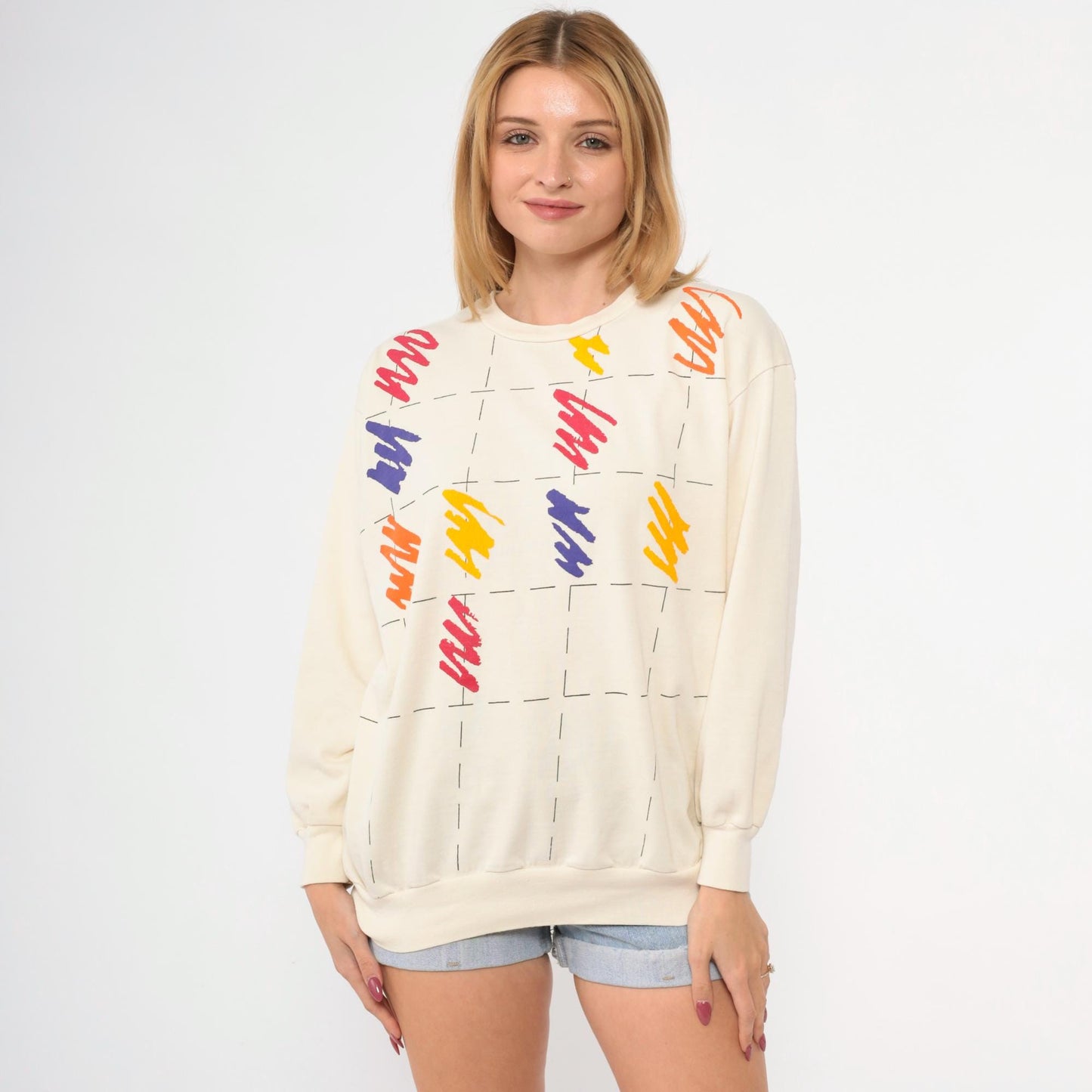 80s Brushstroke Sweatshirt Cream Rainbow Graphic Crewneck Medium