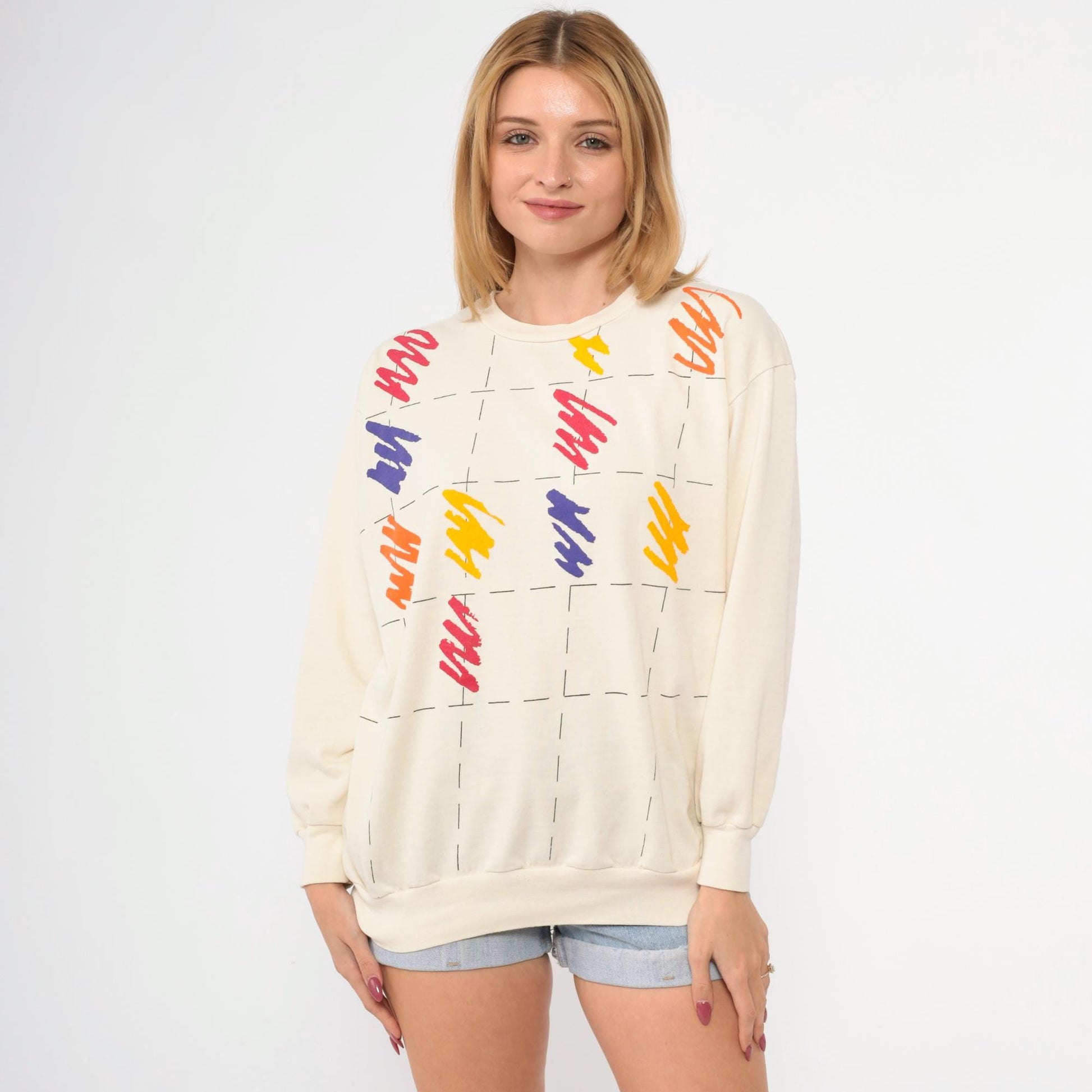 80s Brushstroke Sweatshirt Cream Rainbow Graphic Crewneck Medium