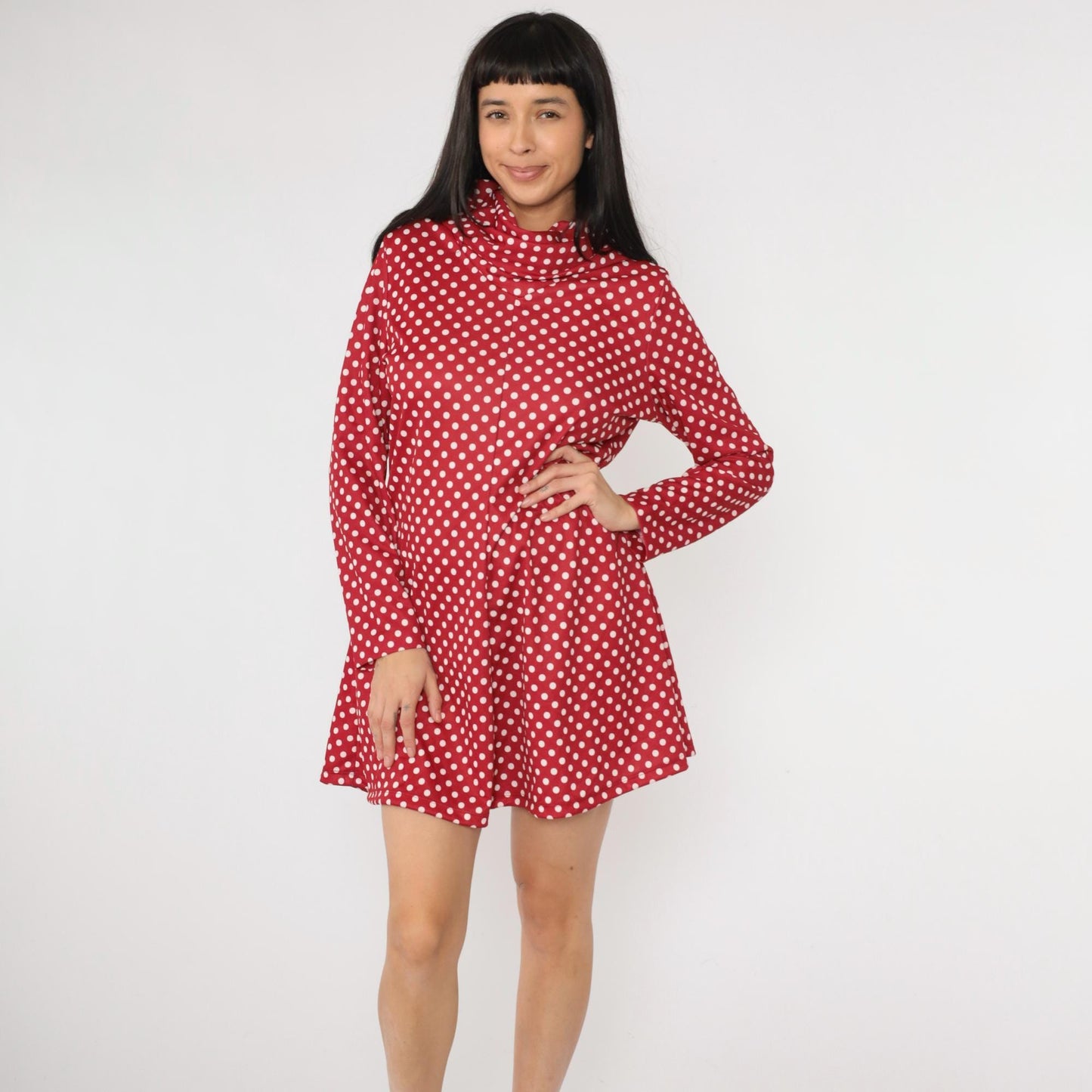 70s Red Polka Dot Mock Neck Mini Dress Long Sleeve A-Line Shift Medium Large