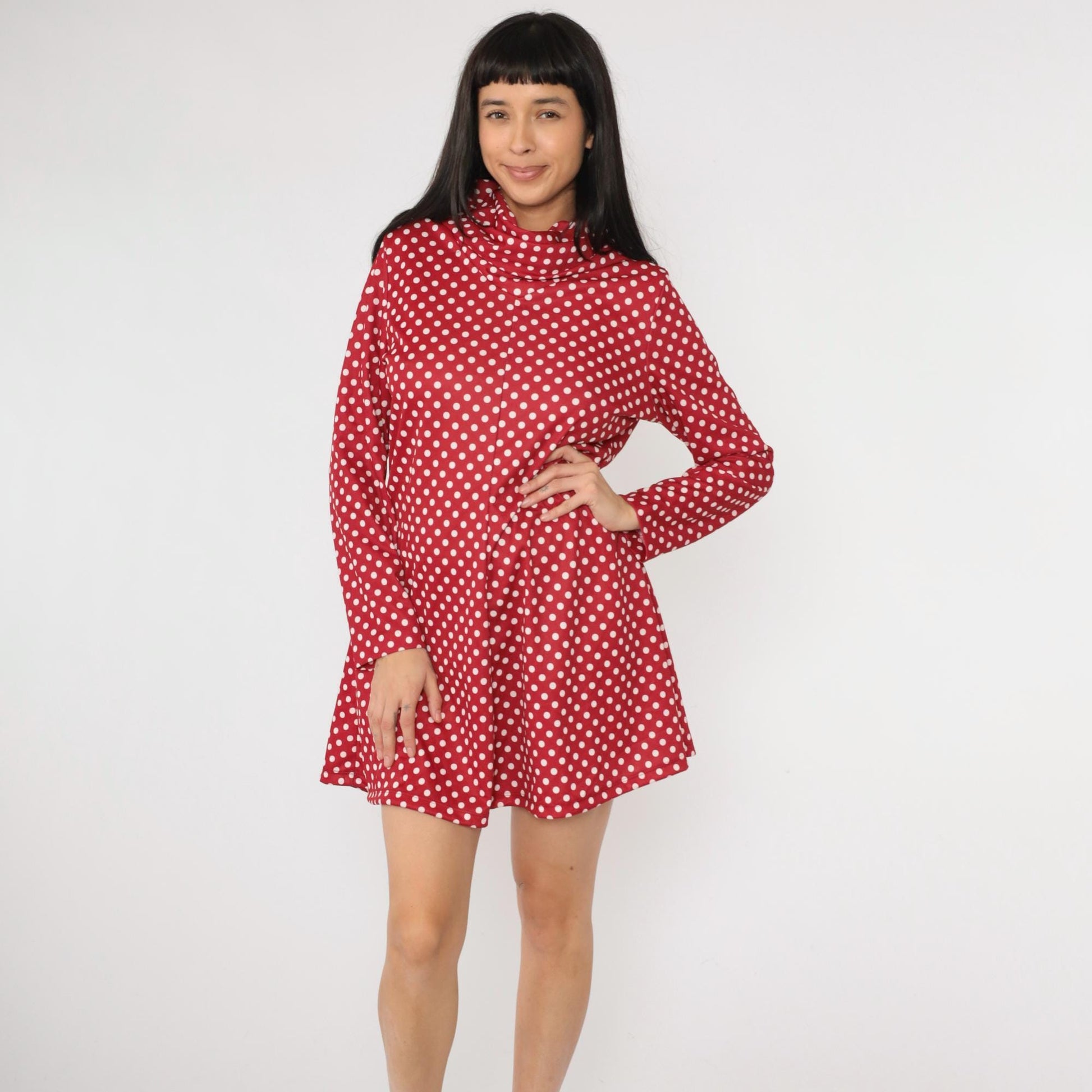 70s Red Polka Dot Mock Neck Mini Dress Long Sleeve A-Line Shift Medium Large