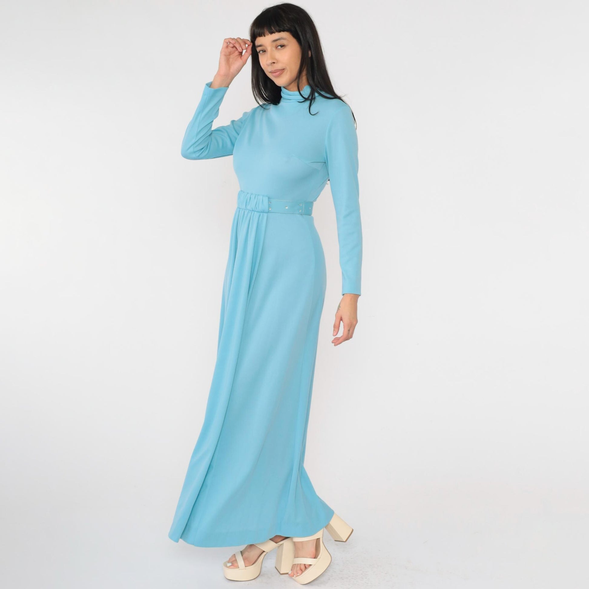 70s Light Blue Maxi Dress Draped A-Line Mock Neck Rhinestone Belt Small