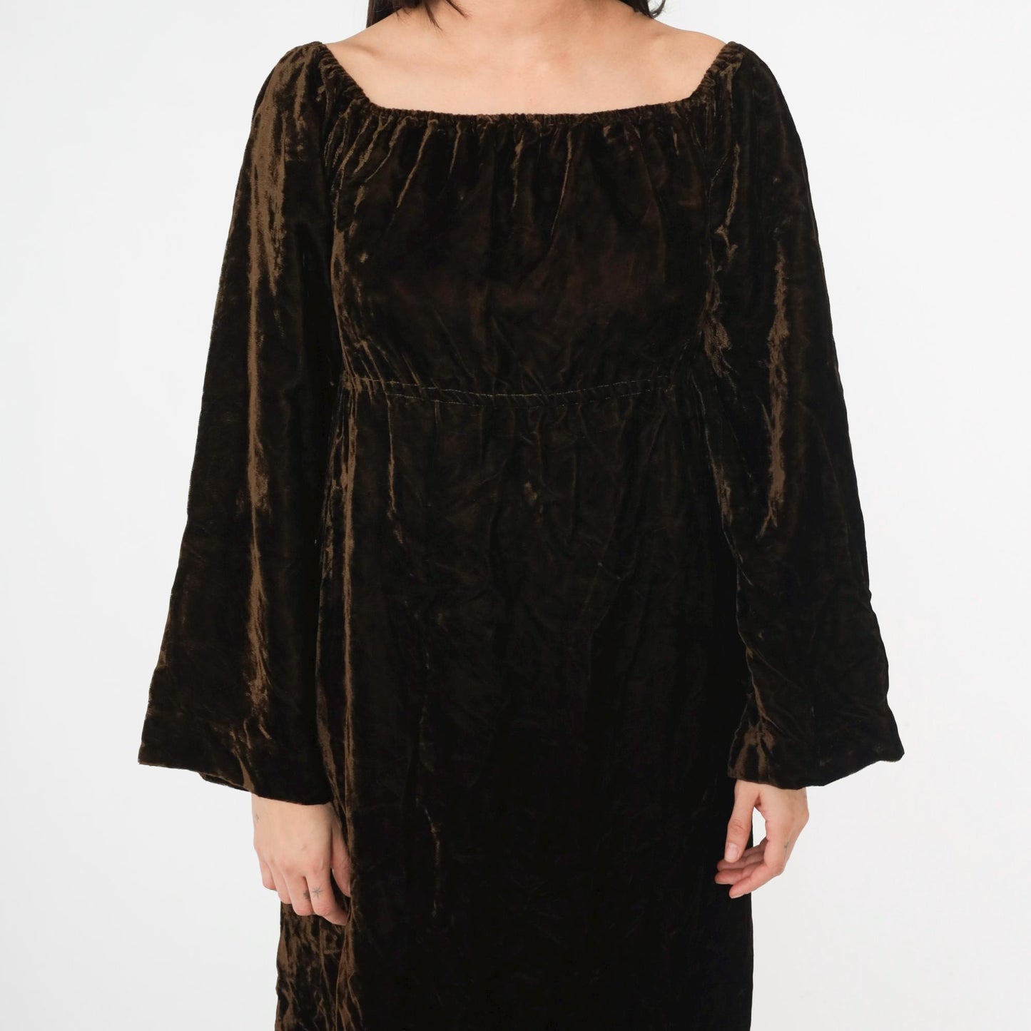 Y2K Brown Velvet Maxi Dress Empire Waist Wide Sleeve Small S