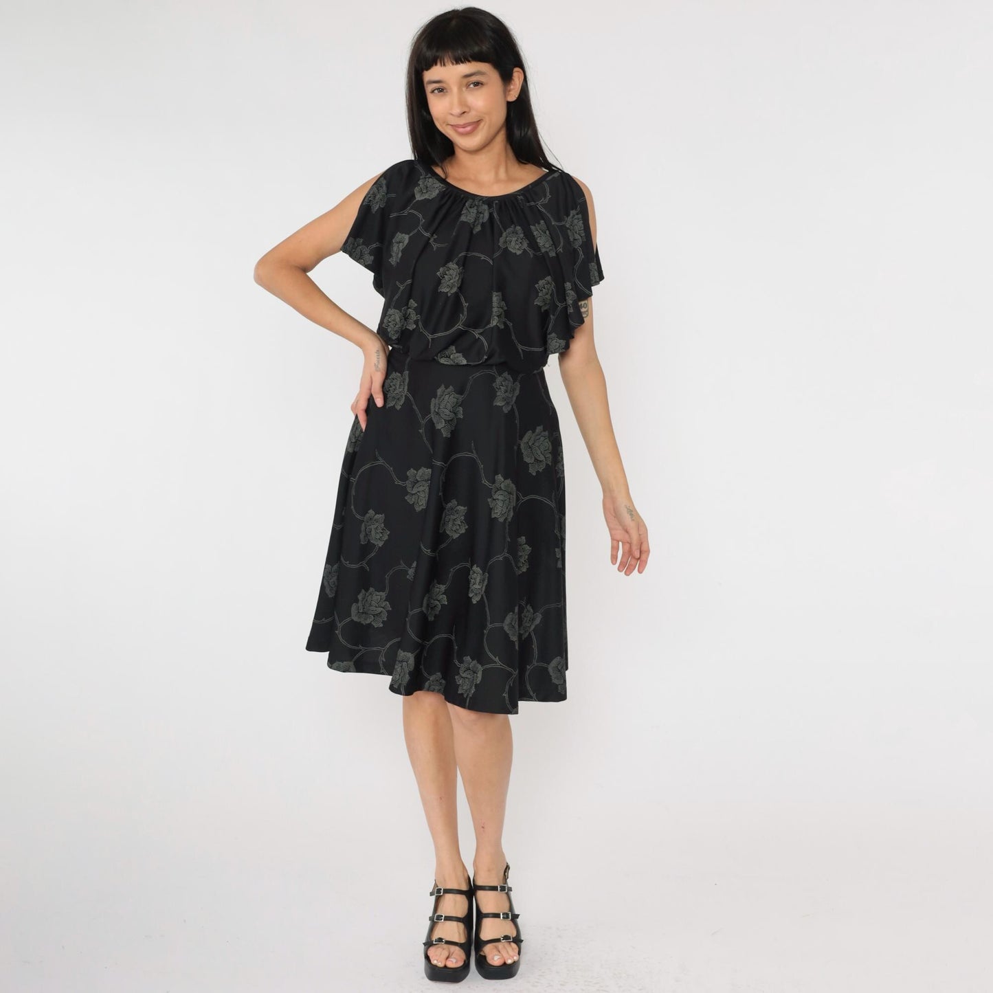 70s Black Floral Midi Dress High Waist Flutter Sleeve Small