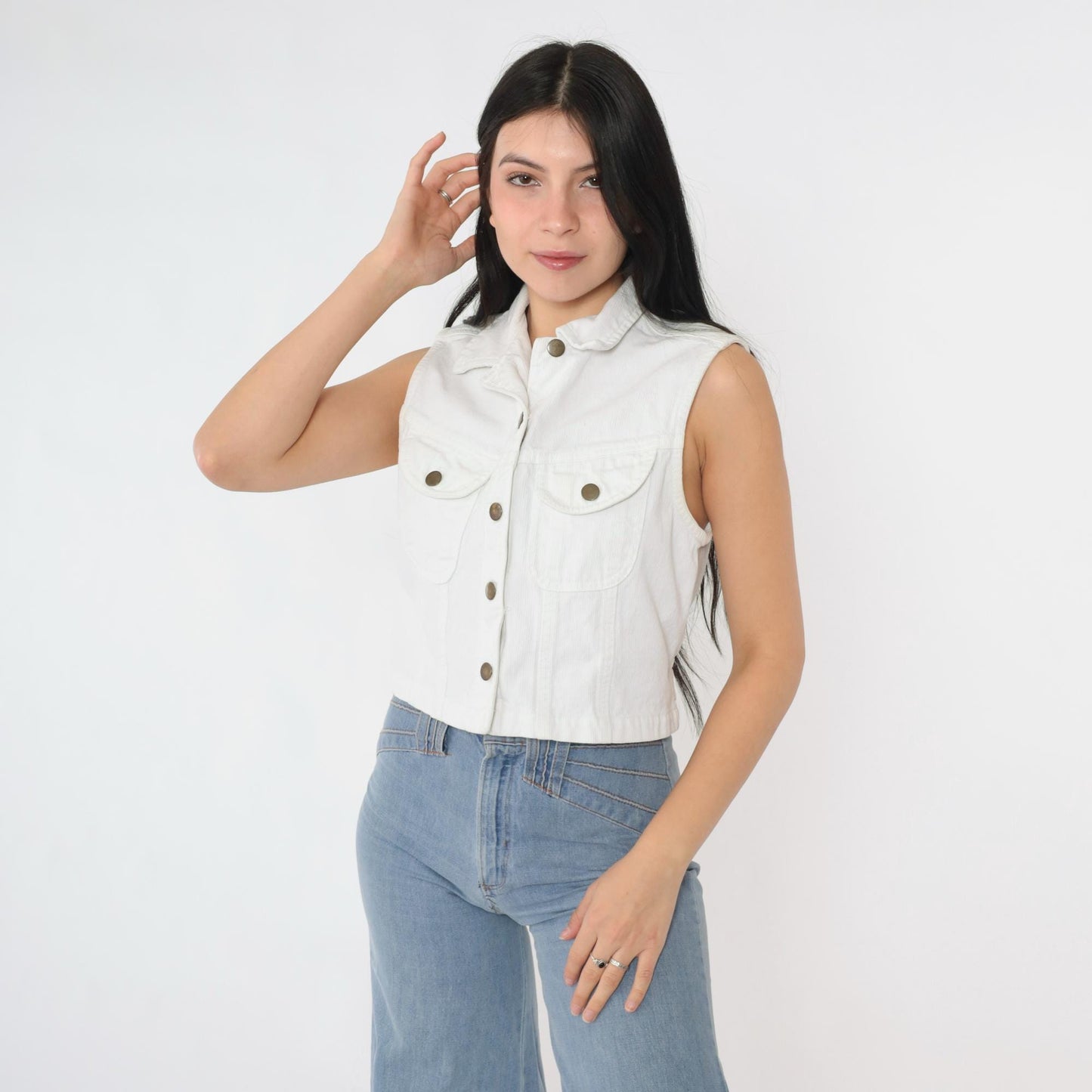 90s White Corduroy Vest Cropped Button-Up Utility Pockets Small