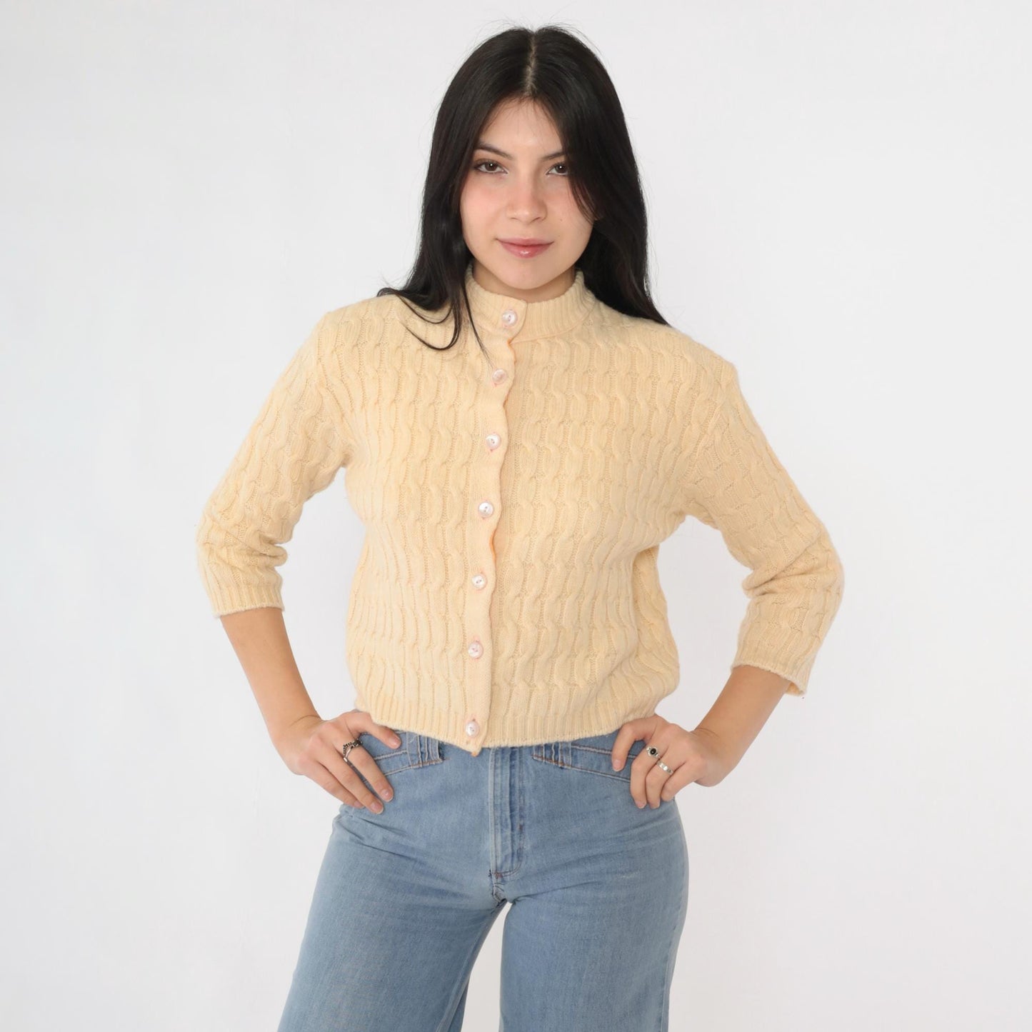 60s Cream Cable Knit Cardigan Cropped Wool Blend Button Up 3/4 Sleeve Extra Small