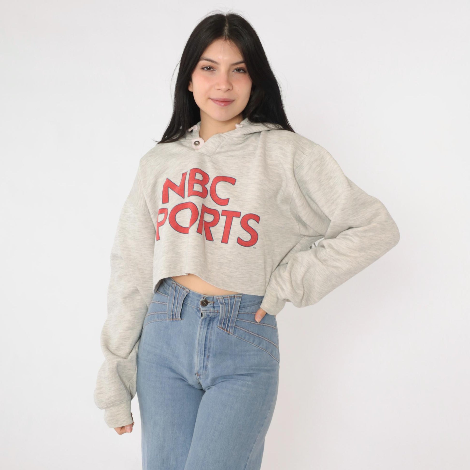 90s NBC Sports Cropped Hoodie Heather Gray Graphic Pullover Extra Large XL