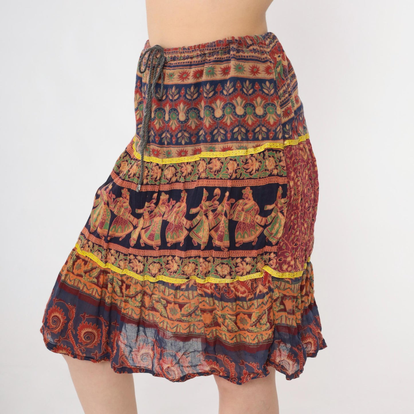 90s Broomstick Skirt Indian Dancer Floral Print Knee-Length Red Blue Small Medium