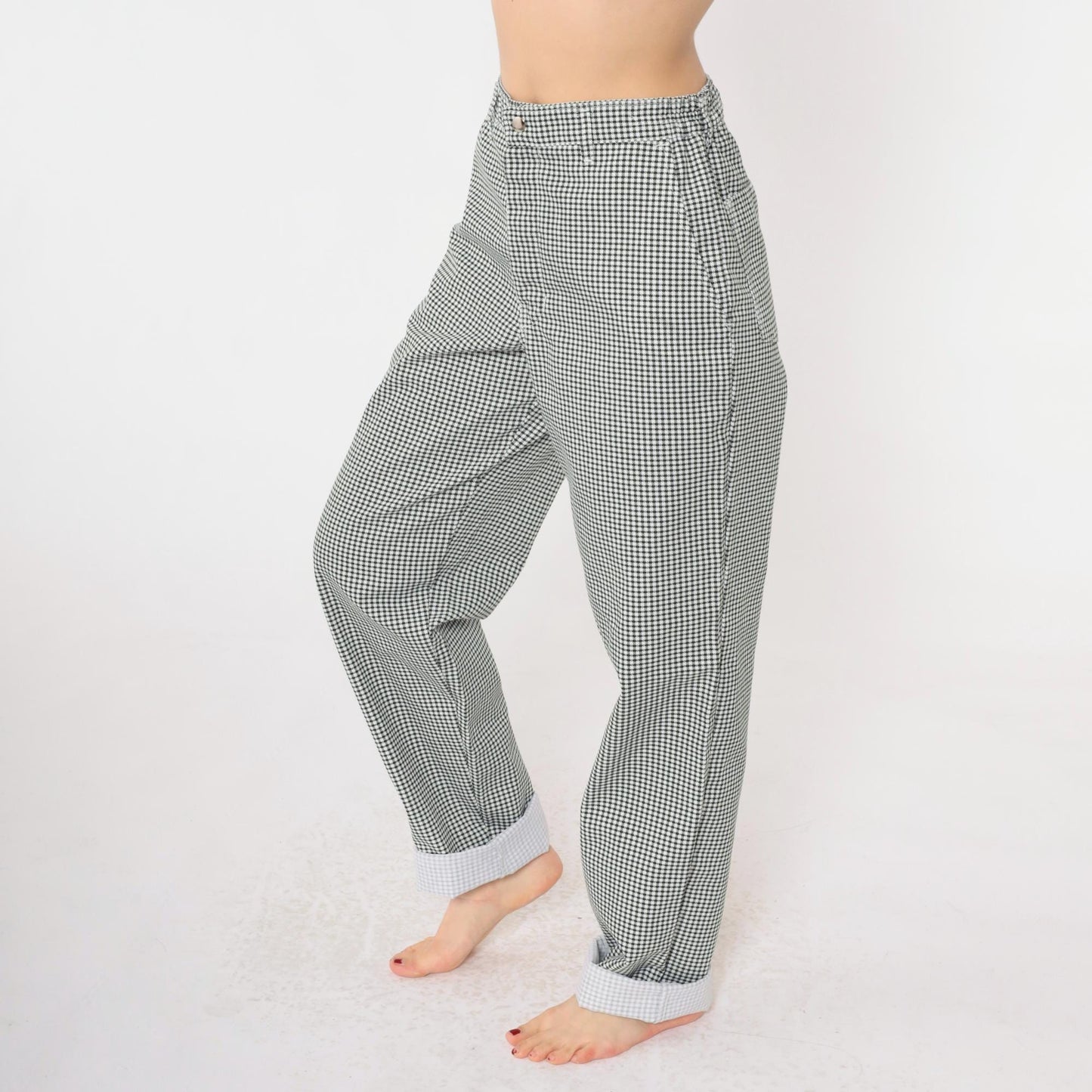 90s Black White Gingham Tapered Trousers High Waist Small S