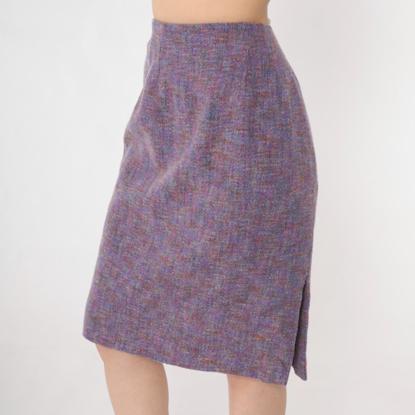 90s Worth Wool Tweed Pencil Skirt Purple High-Waist Knee-Length Small