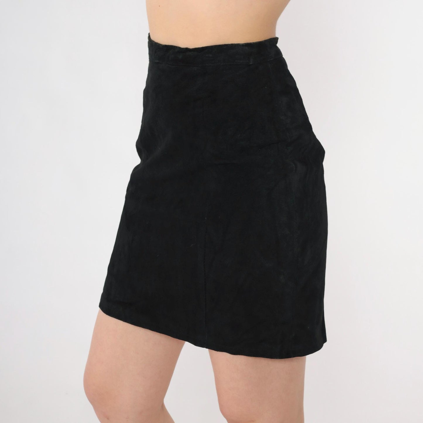 80s Black Suede Mini Skirt High Waisted Bodycon XS