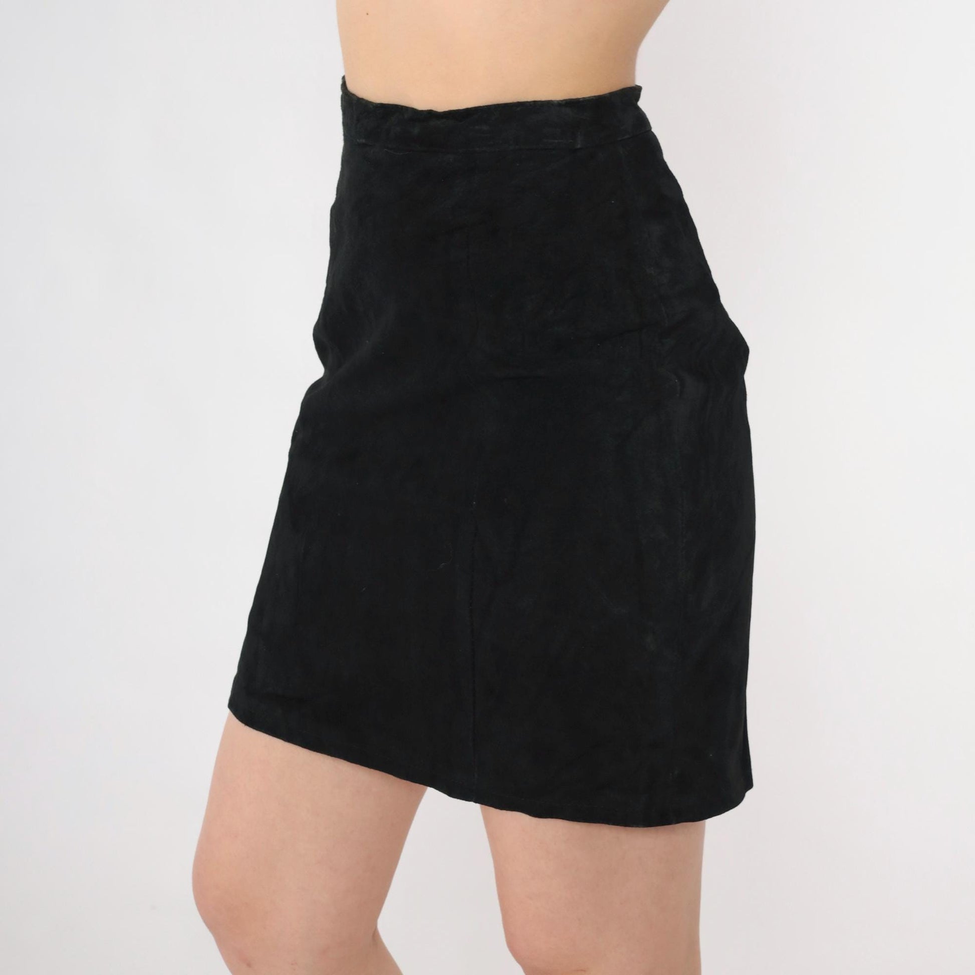 80s Black Suede Mini Skirt High Waisted Bodycon XS