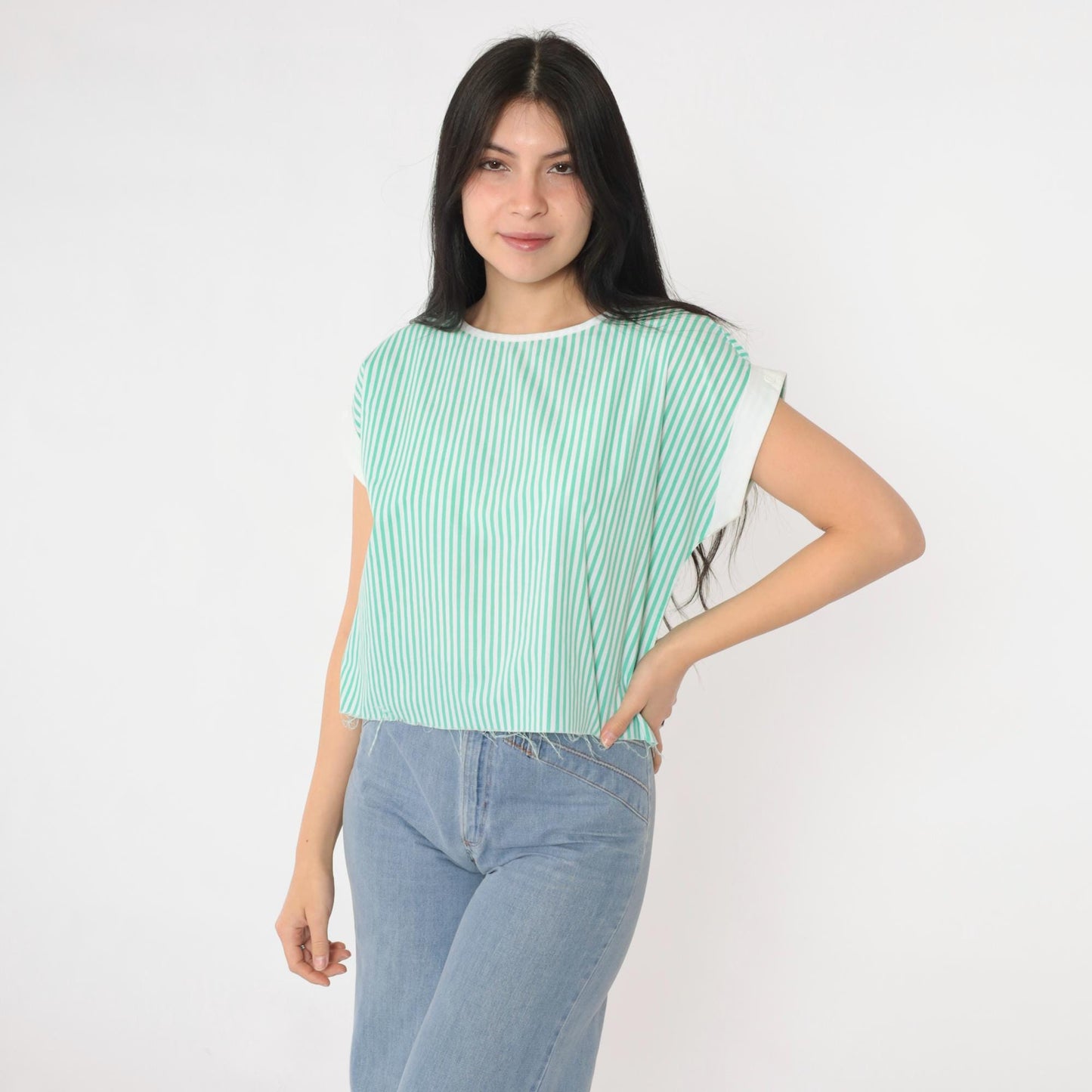 80s White Green Striped Crop Top Cap Sleeve Raw Hem Medium