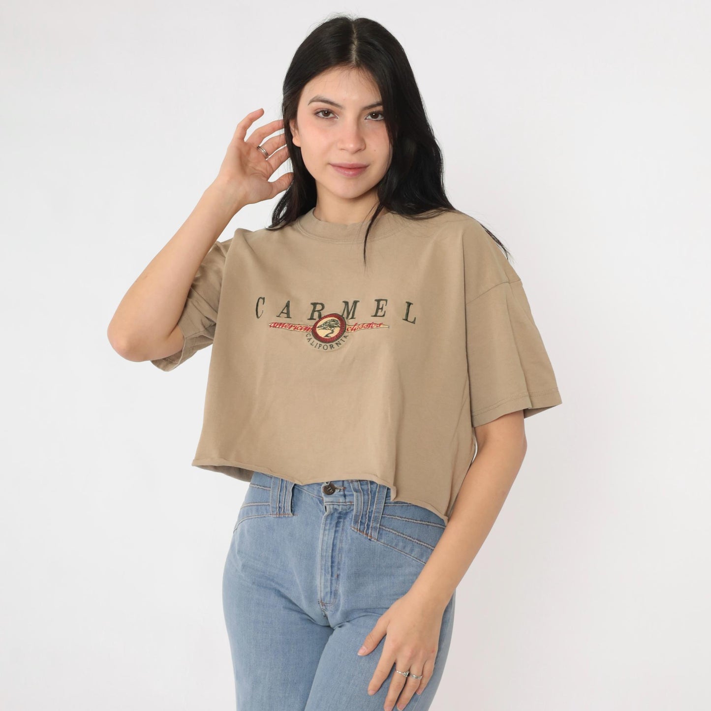 90s Carmel California Embroidered Crop Tee Tan Cotton Large L