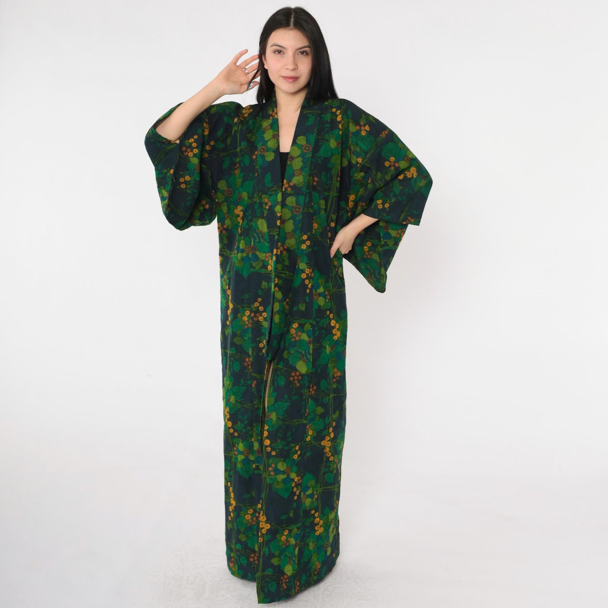 70s Green Floral Silk Kimono Robe Open Front Full Length