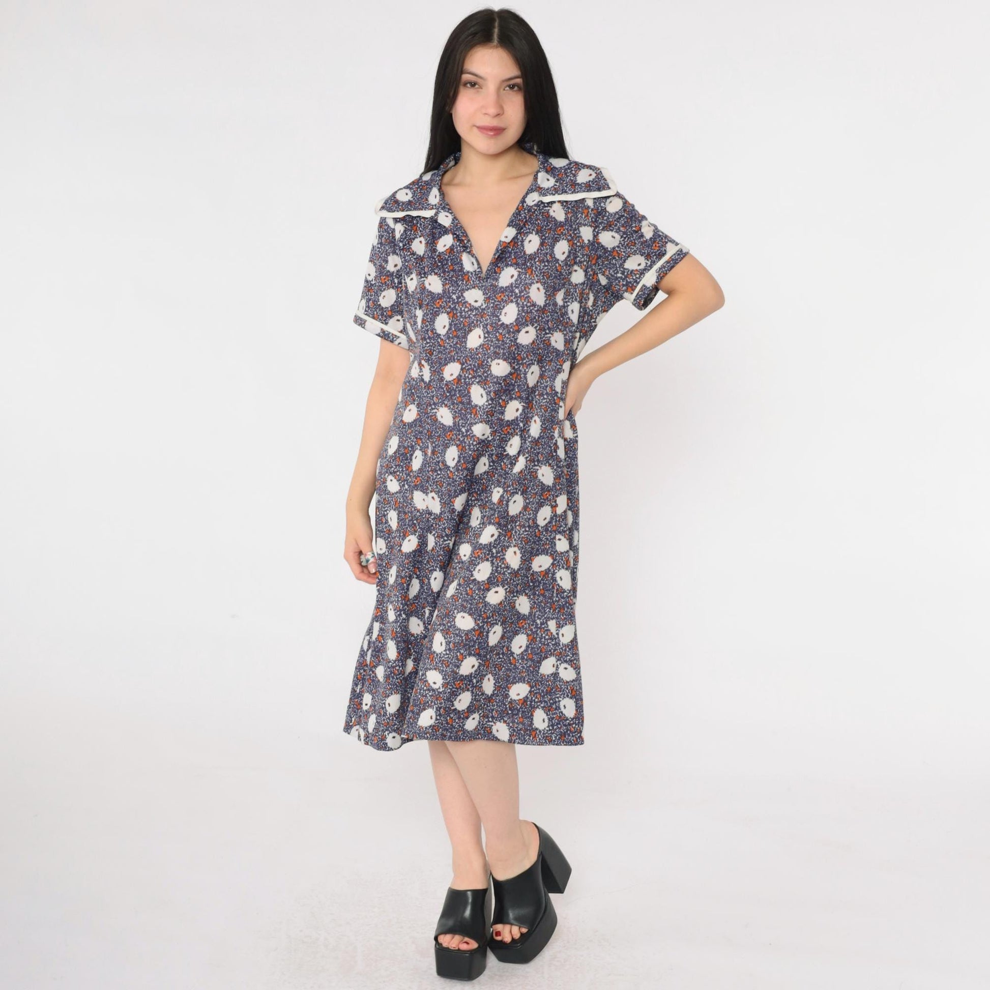 70s Blue Abstract Leaf Print Midi Dress Collared V-Neck Shift Large