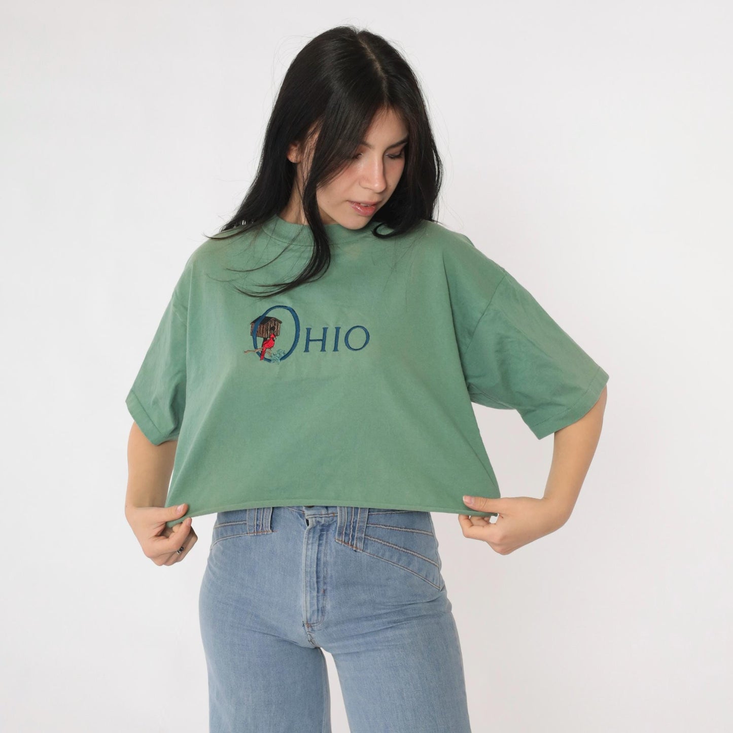 90s Ohio Cardinal Graphic T-Shirt Faded Green Crop Top Medium