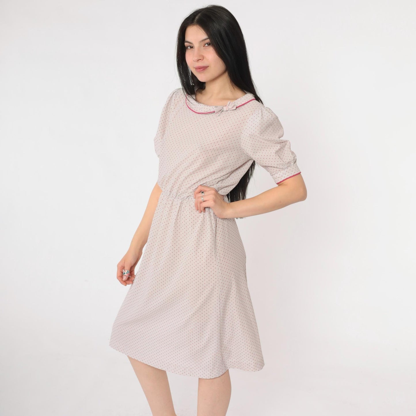 80s Grey Polka Dot Puff Sleeve Dress Pink Bow Collar High Waist Small