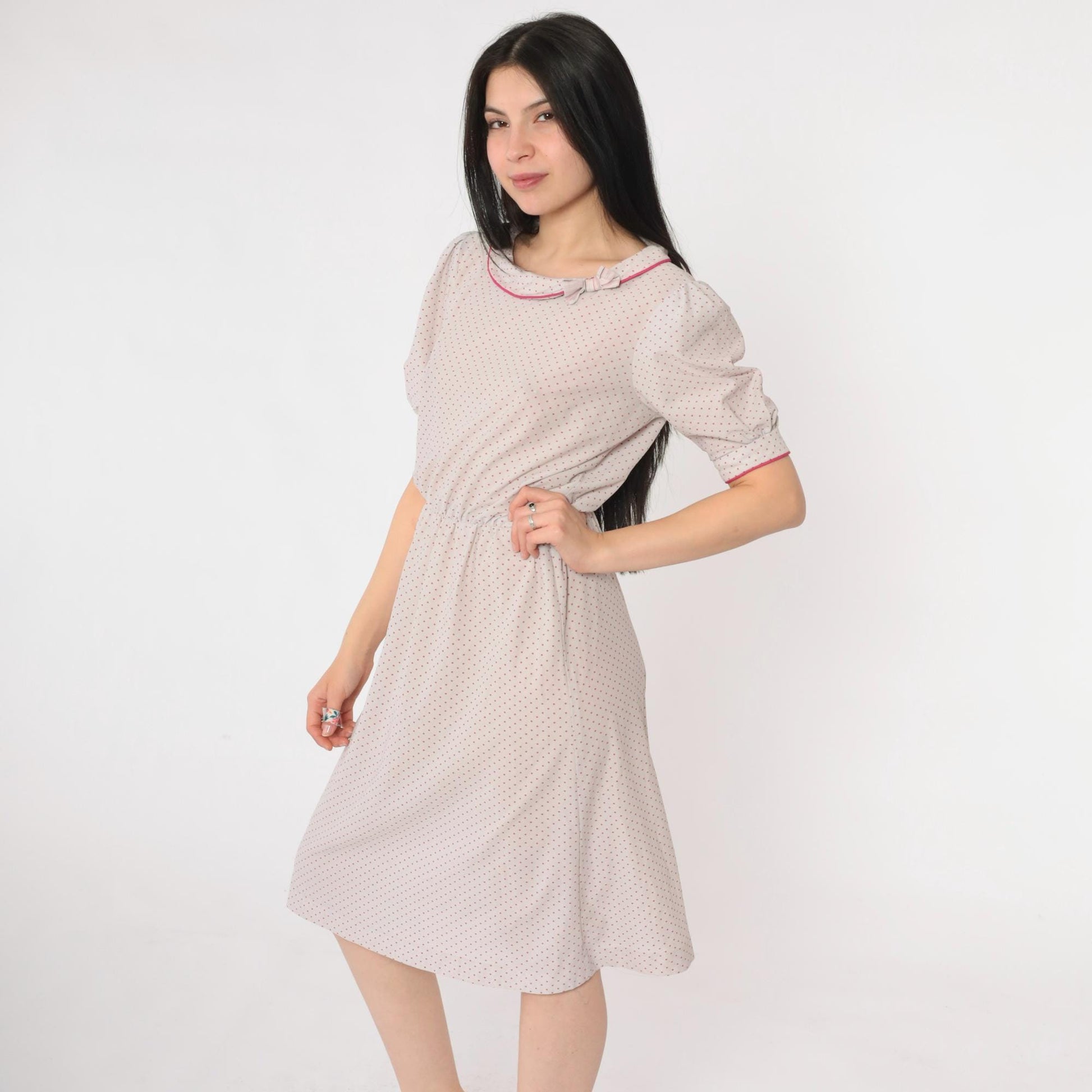 80s Grey Polka Dot Puff Sleeve Dress Pink Bow Collar High Waist Small
