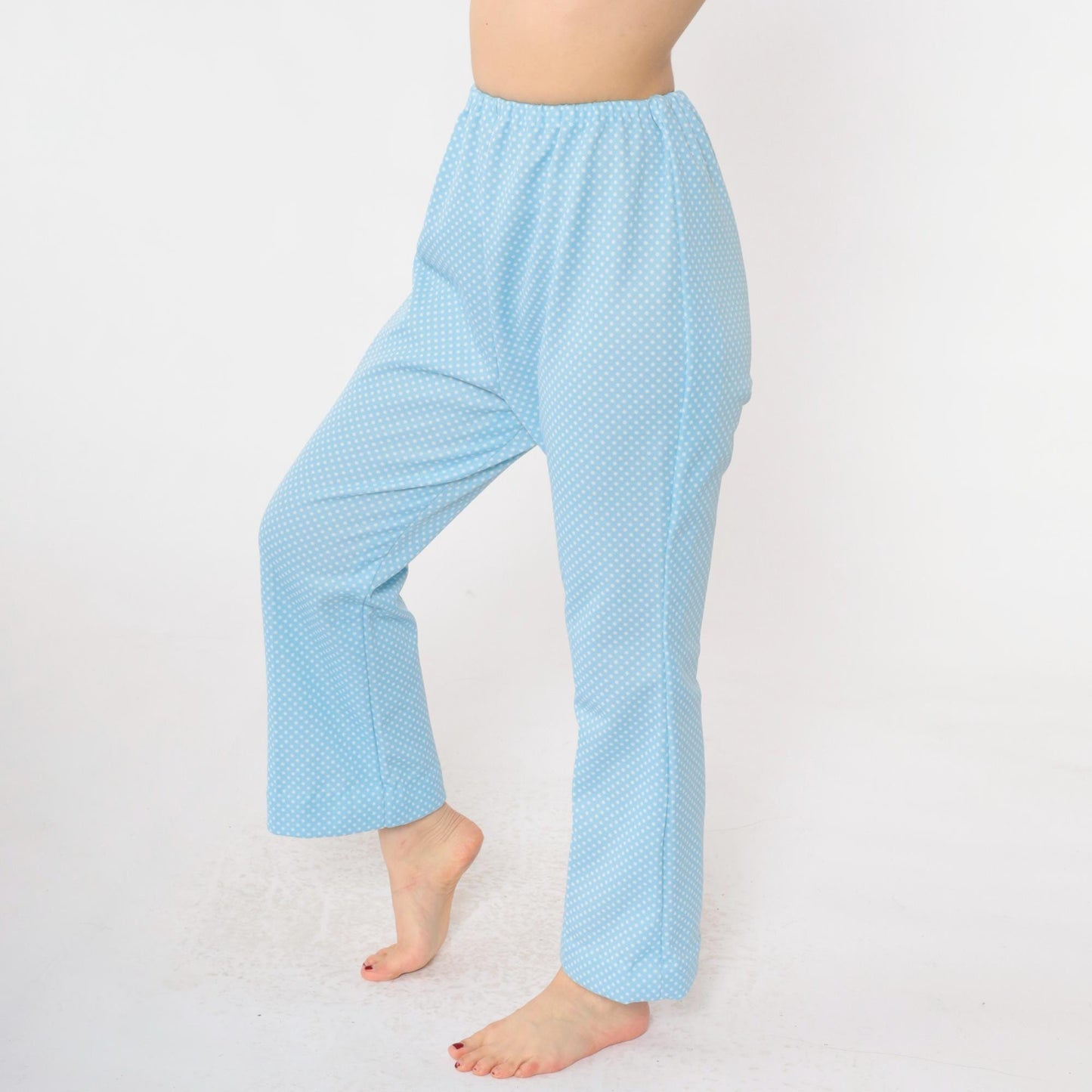 70s Baby Blue Polka Dot Flared Pants High Waist Elastic Small
