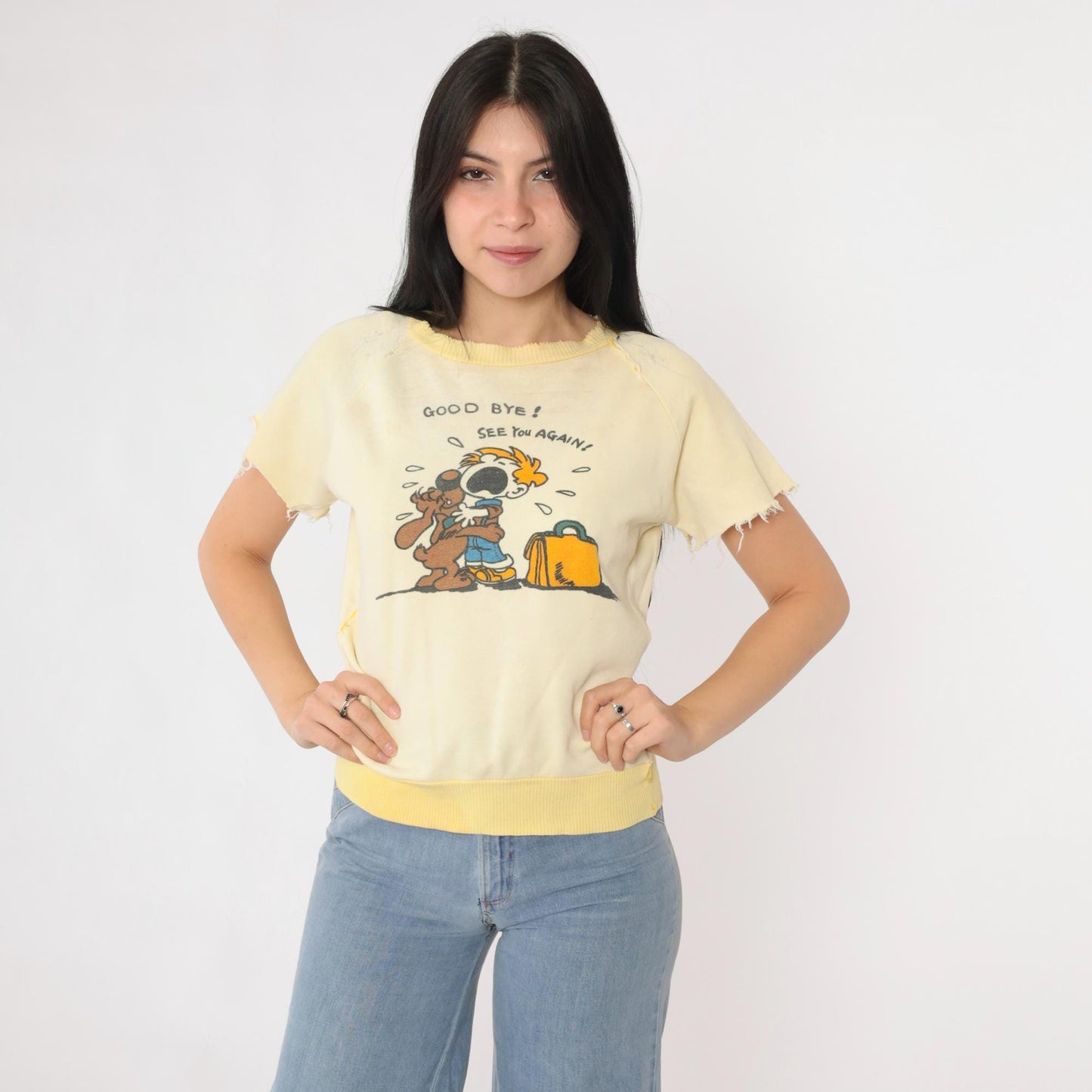 80s Graphic Sweatshirt Tee Yellow Goodbye See You Again Cartoon Extra Small