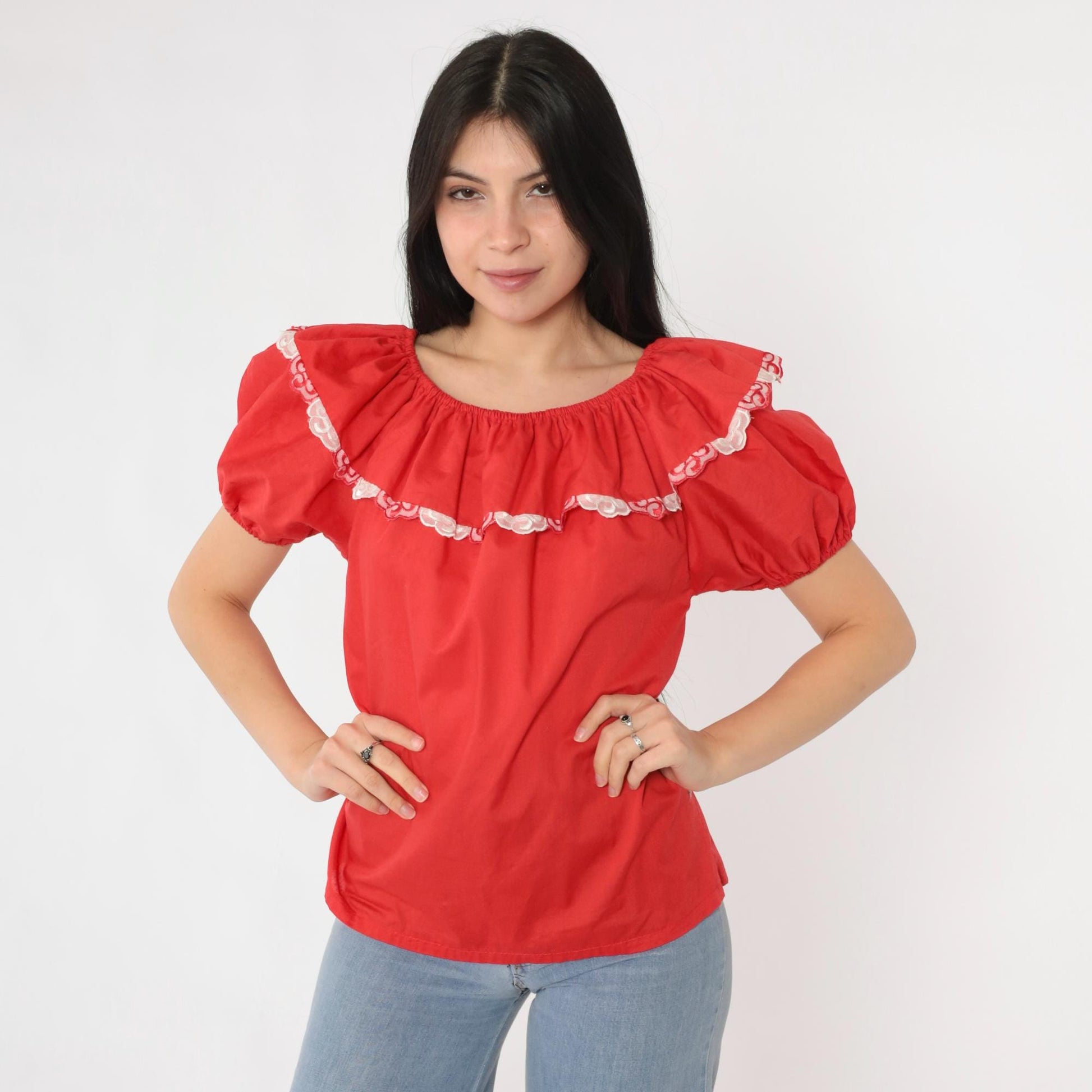 80s Red Peasant Blouse Puff Sleeve Elastic Neckline Small S