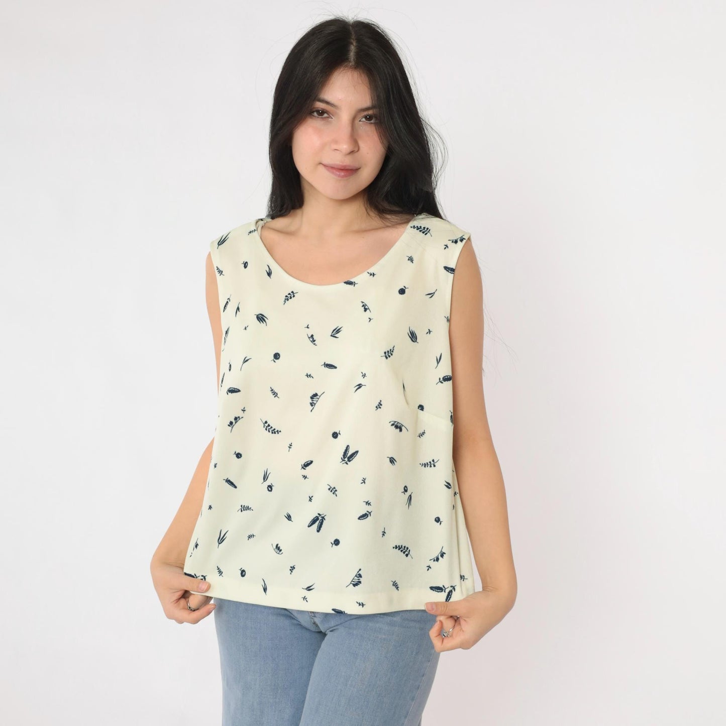 70s Cream Floral Tank Top Botanical Print Sleeveless Blouse Large L