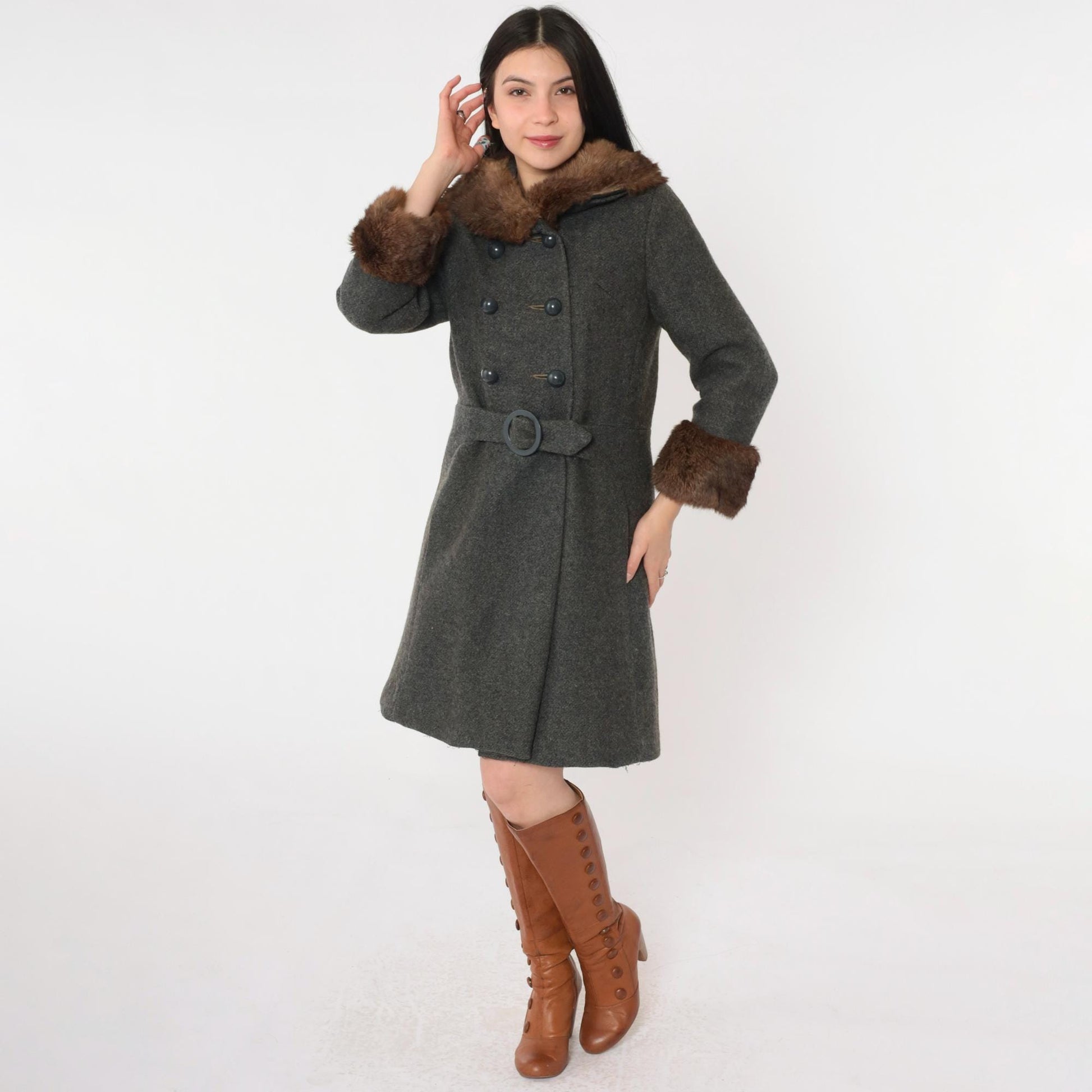 1960s Wool Pea Coat Charcoal Grey Fur Collar Double Breasted Extra Small