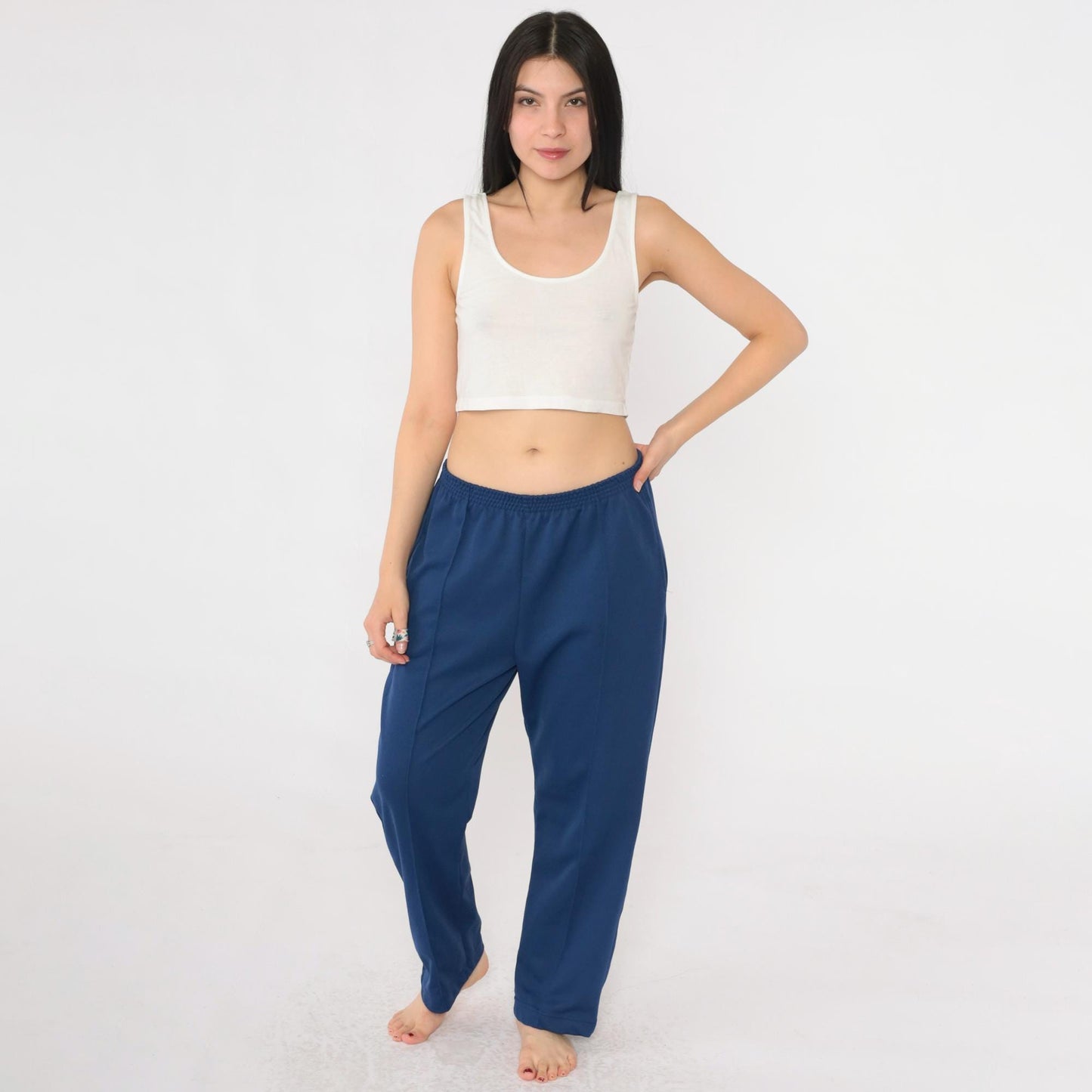 80s Navy High-Rise Straight Leg Elastic Waist Pull-On Trousers Medium
