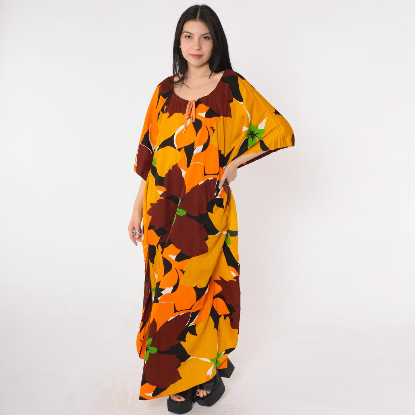 70s Hawaiian Caftan Maxi Dress Floral Mustard Orange Brown One Size