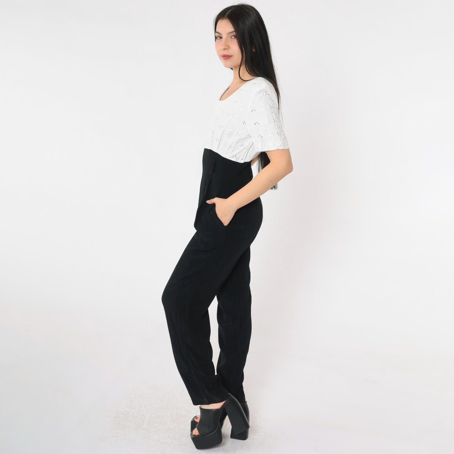 80s Black White Eyelet Lace Jumpsuit Scoop Neck High Waist Small