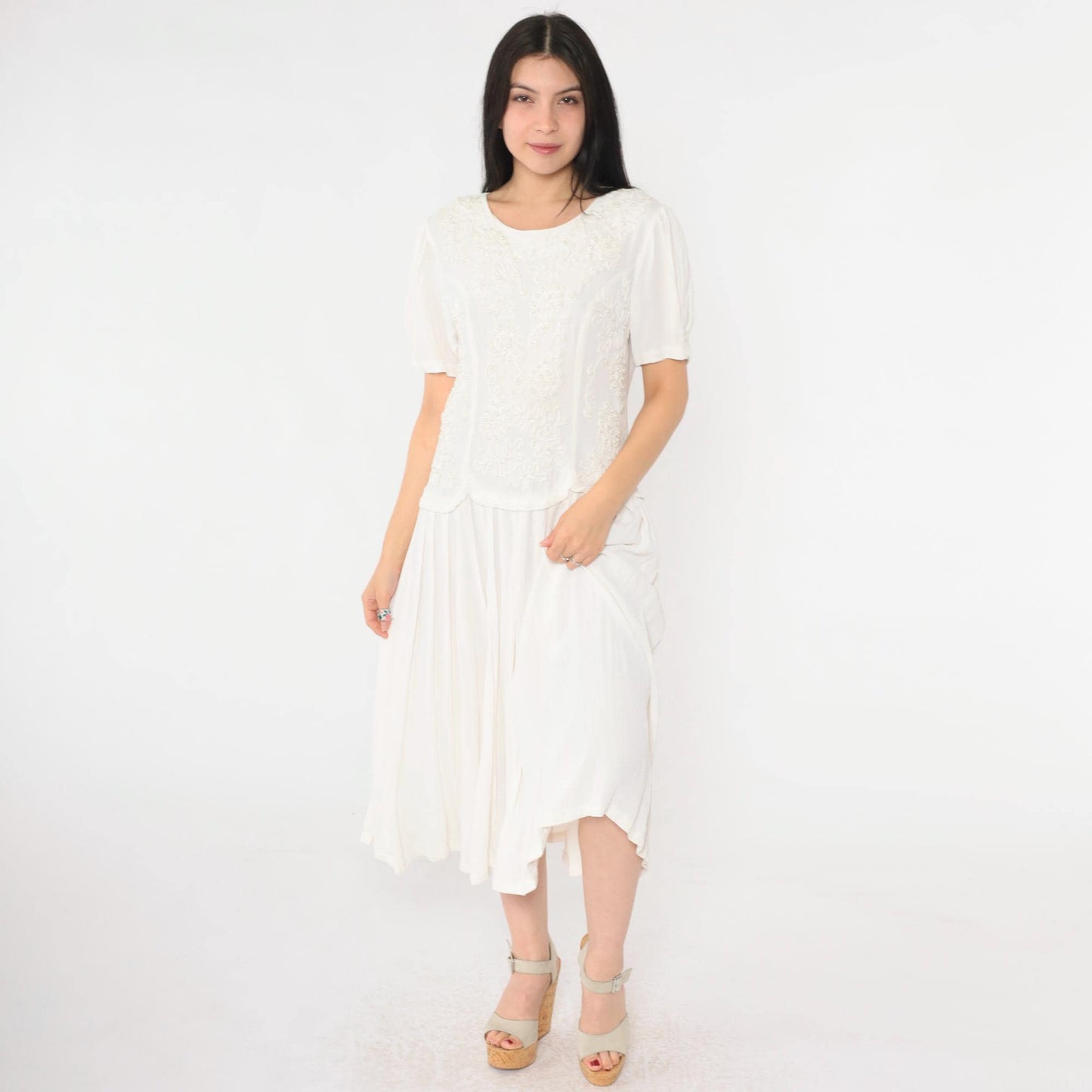 90s Sarin White Beaded Soutache Midi Dress Puff Sleeve Low Waist Small